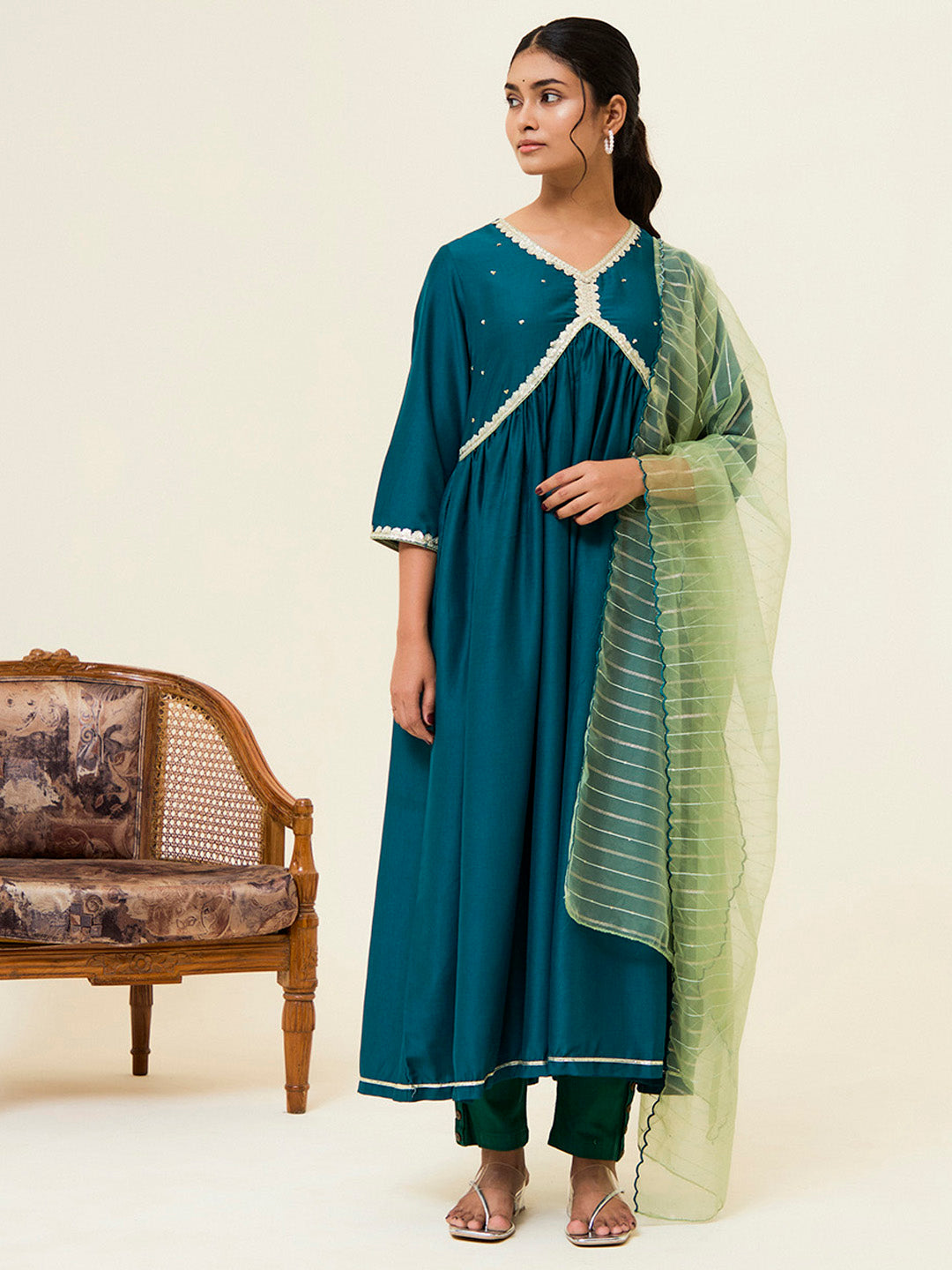 Teal Embroidered Festive Kurta Set