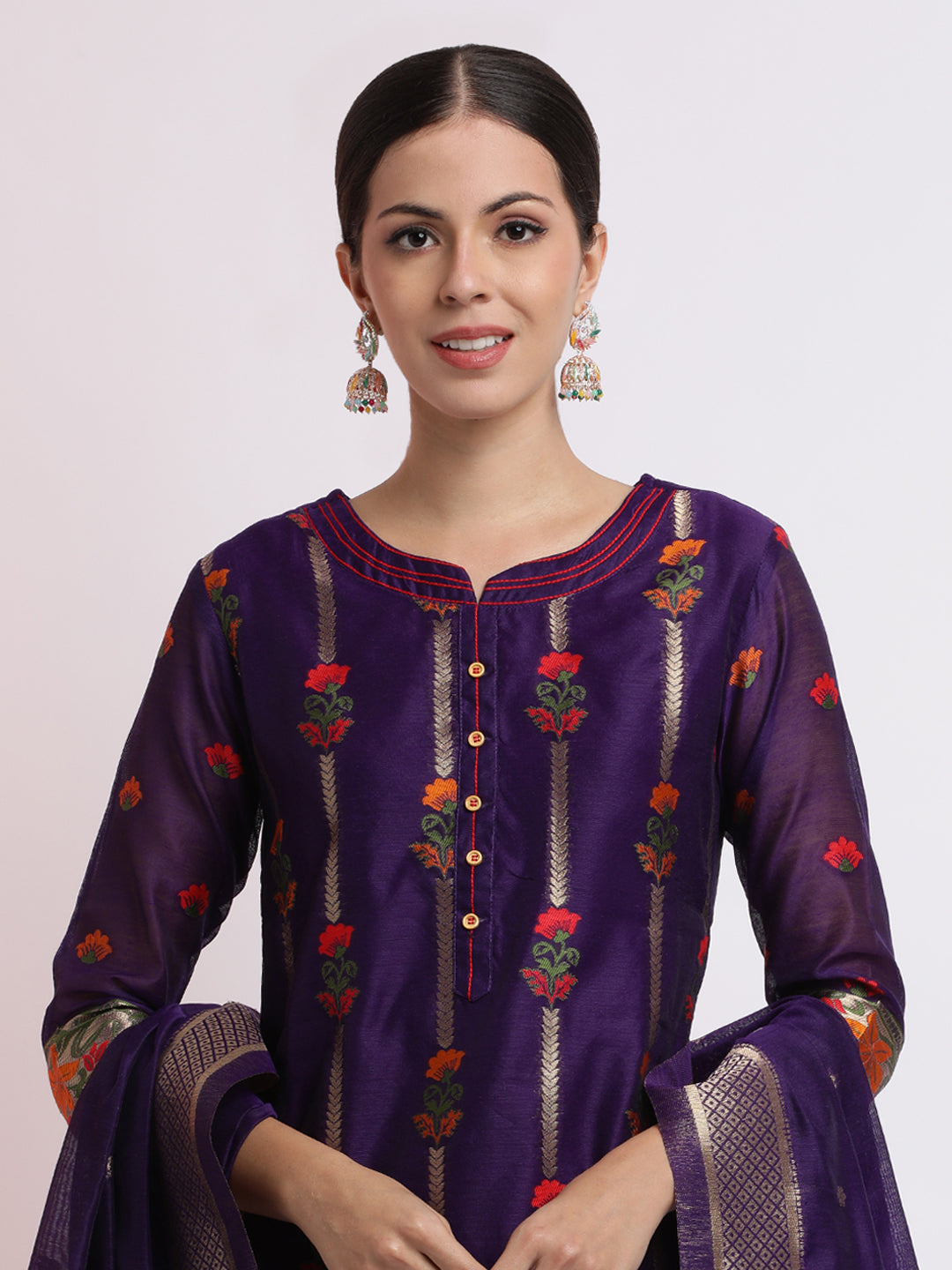 Purple Embroidered Jacquard Kurta Set With Dupatta