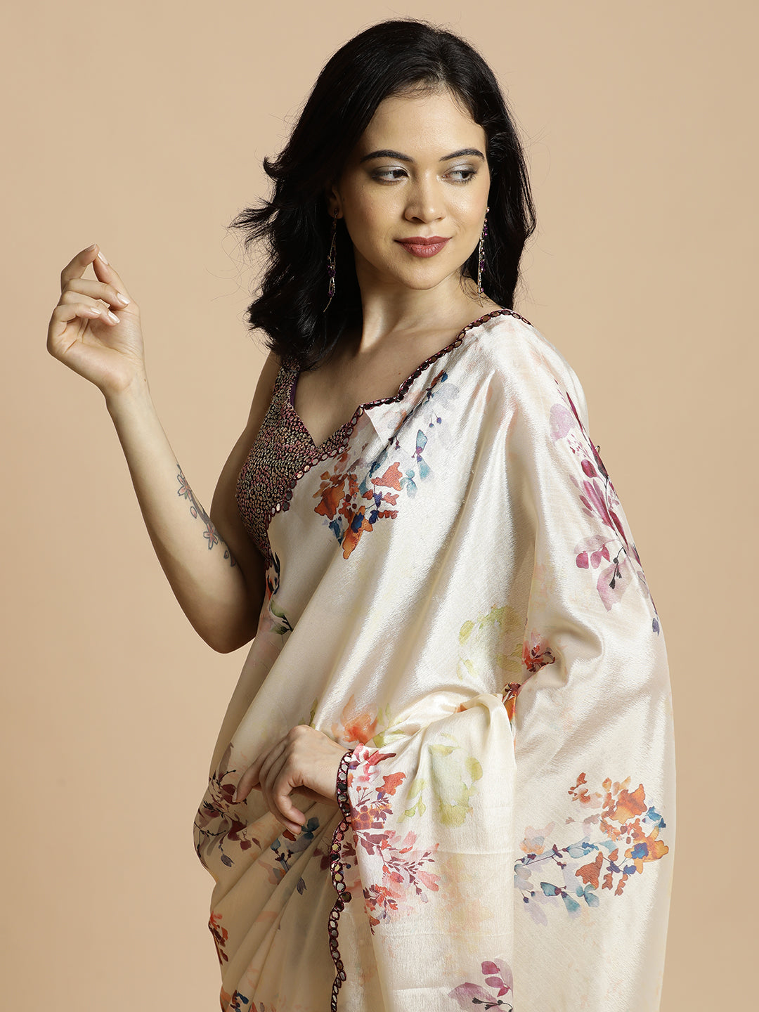 Cream Floral Printed Mirror Work Satin Saree