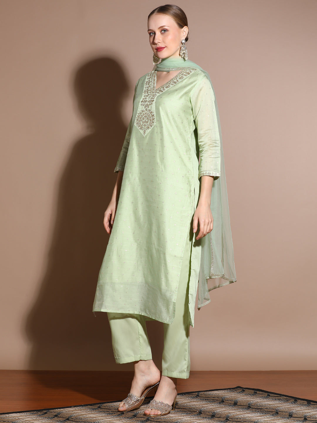 Pista Green Chanderi Woven Design Festive Kurta Set With Dupatta