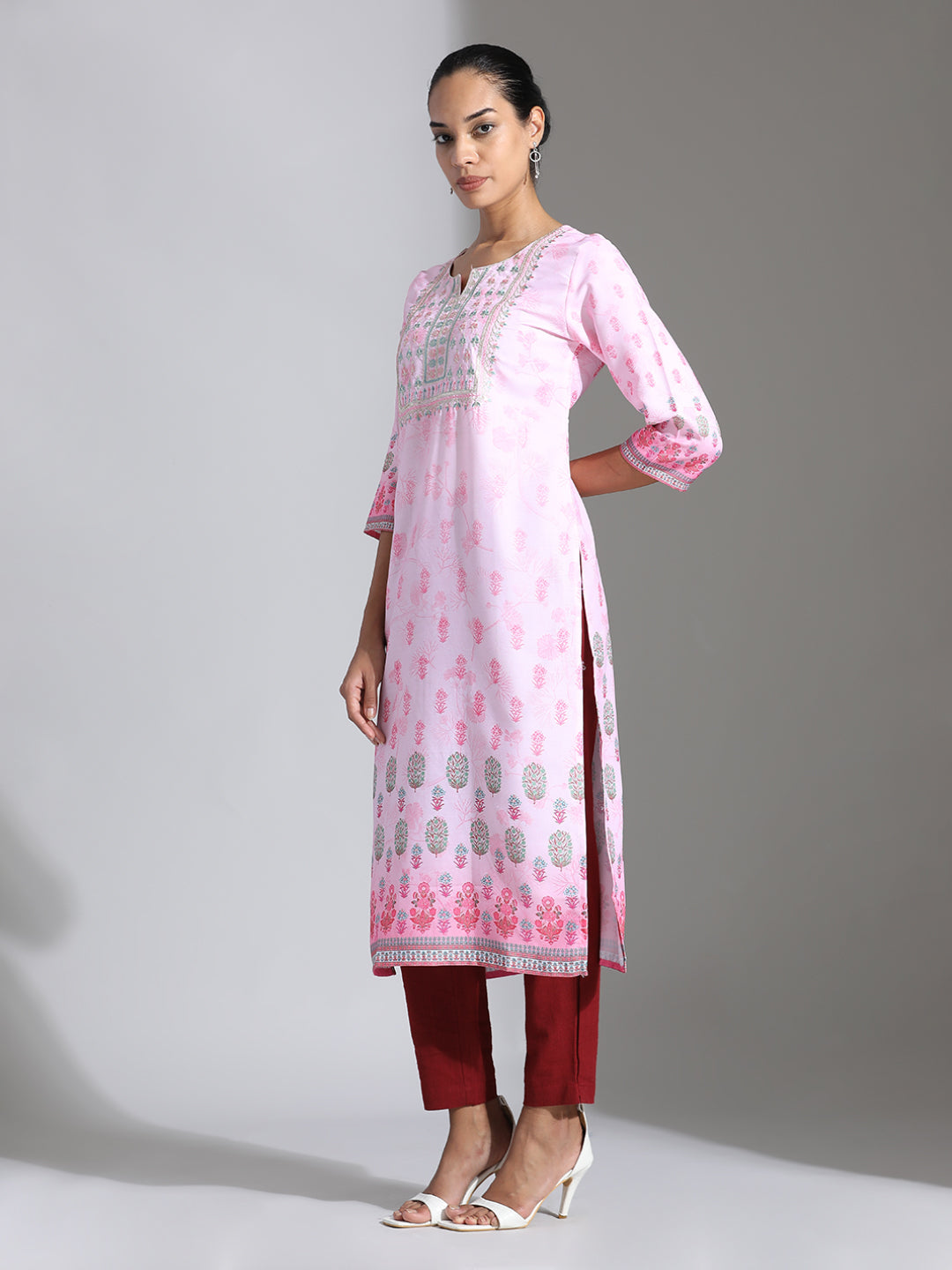 Pink Printed Poly Rayon Straight Kurta