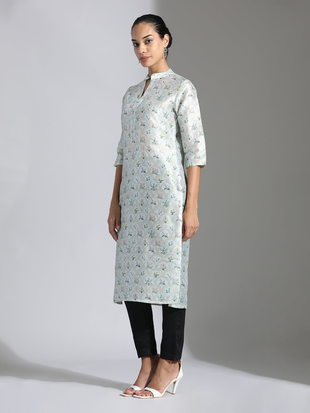 Light Green Floral Printed Poly Chanderi Kurta