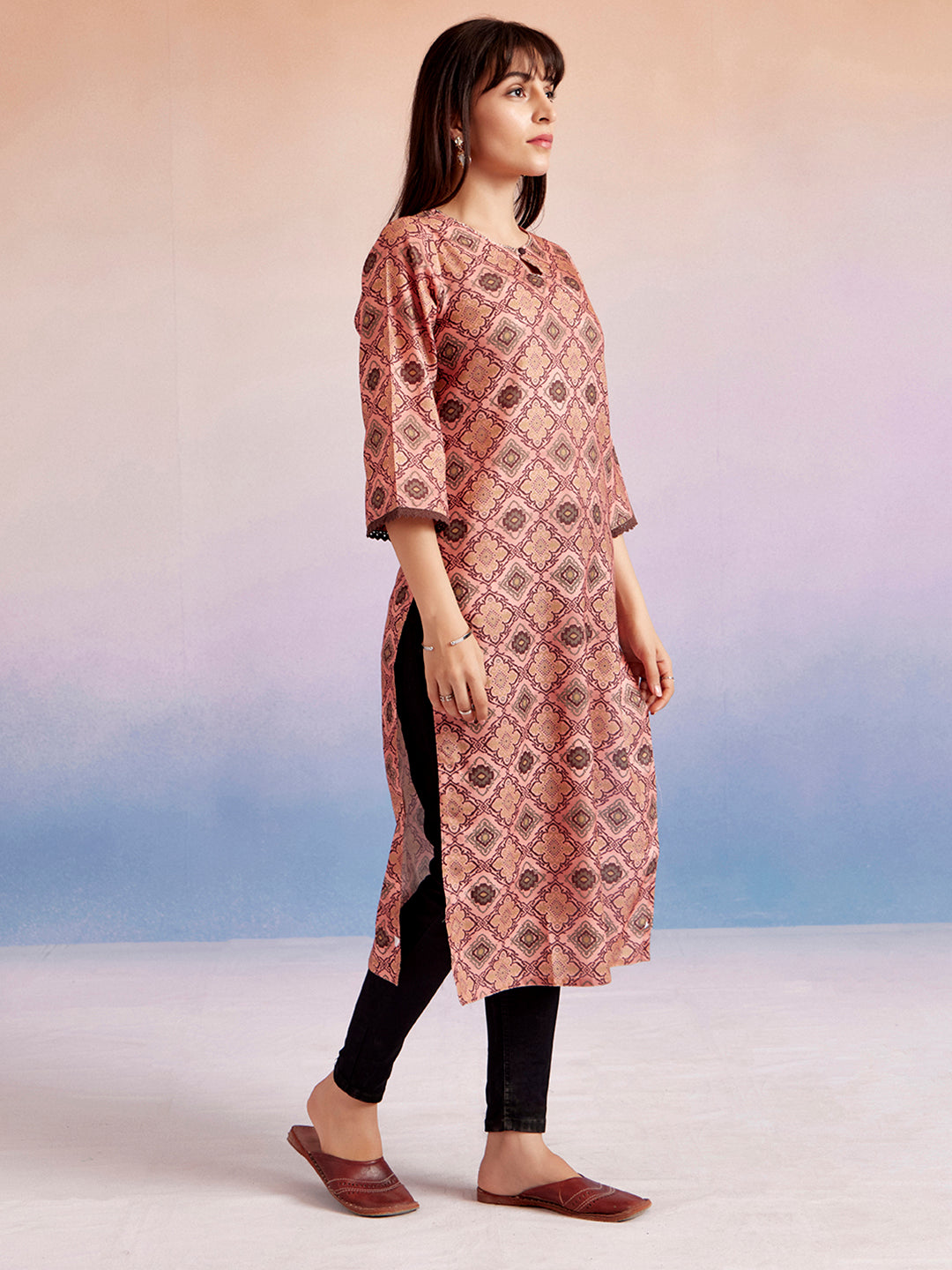 Peach Moroccan Printed Straight Kurta