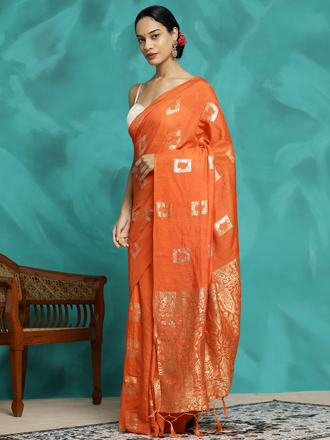 Orange Zari Woven Cotton Blend Banarasi Saree