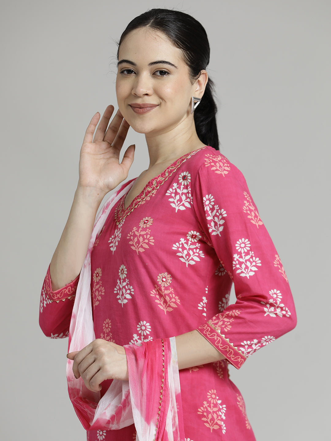 Ethnic Printed Pure Cotton Pink Suit Set