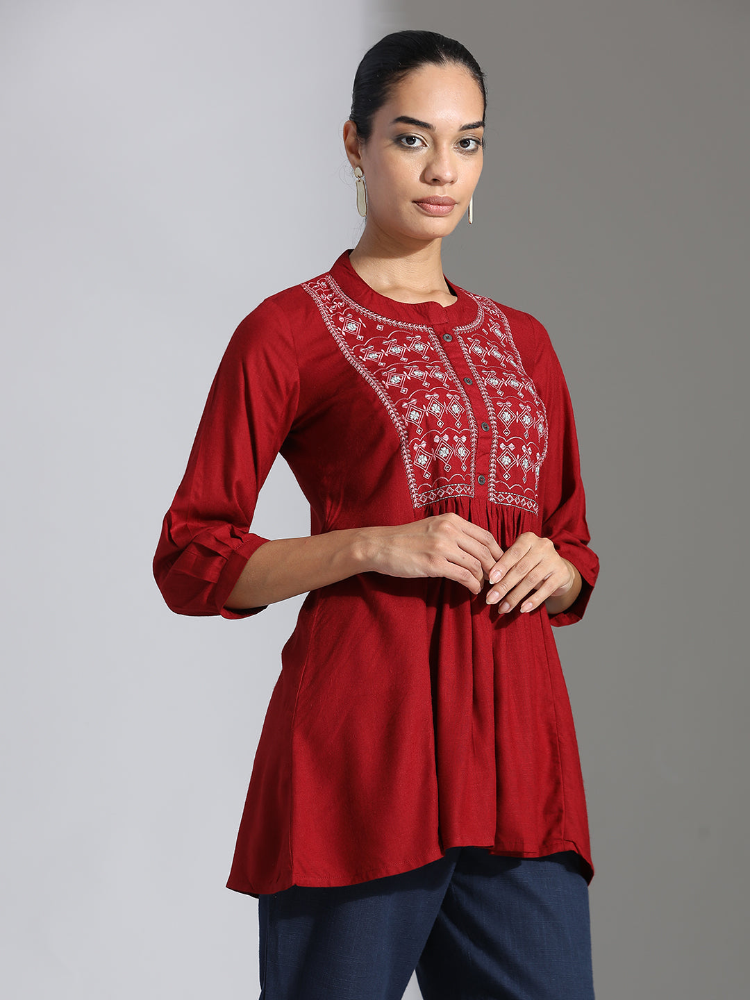 Red Embroidered Party Wear A-line Top