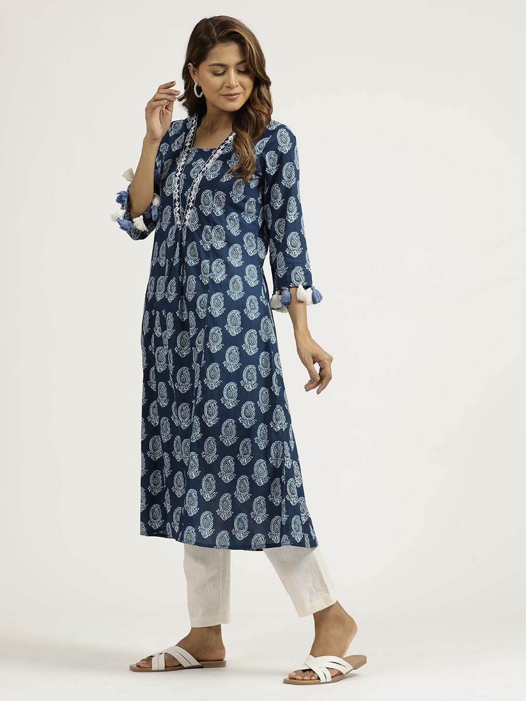 Indigo Blue Paisley Printed Pakistani Kurta