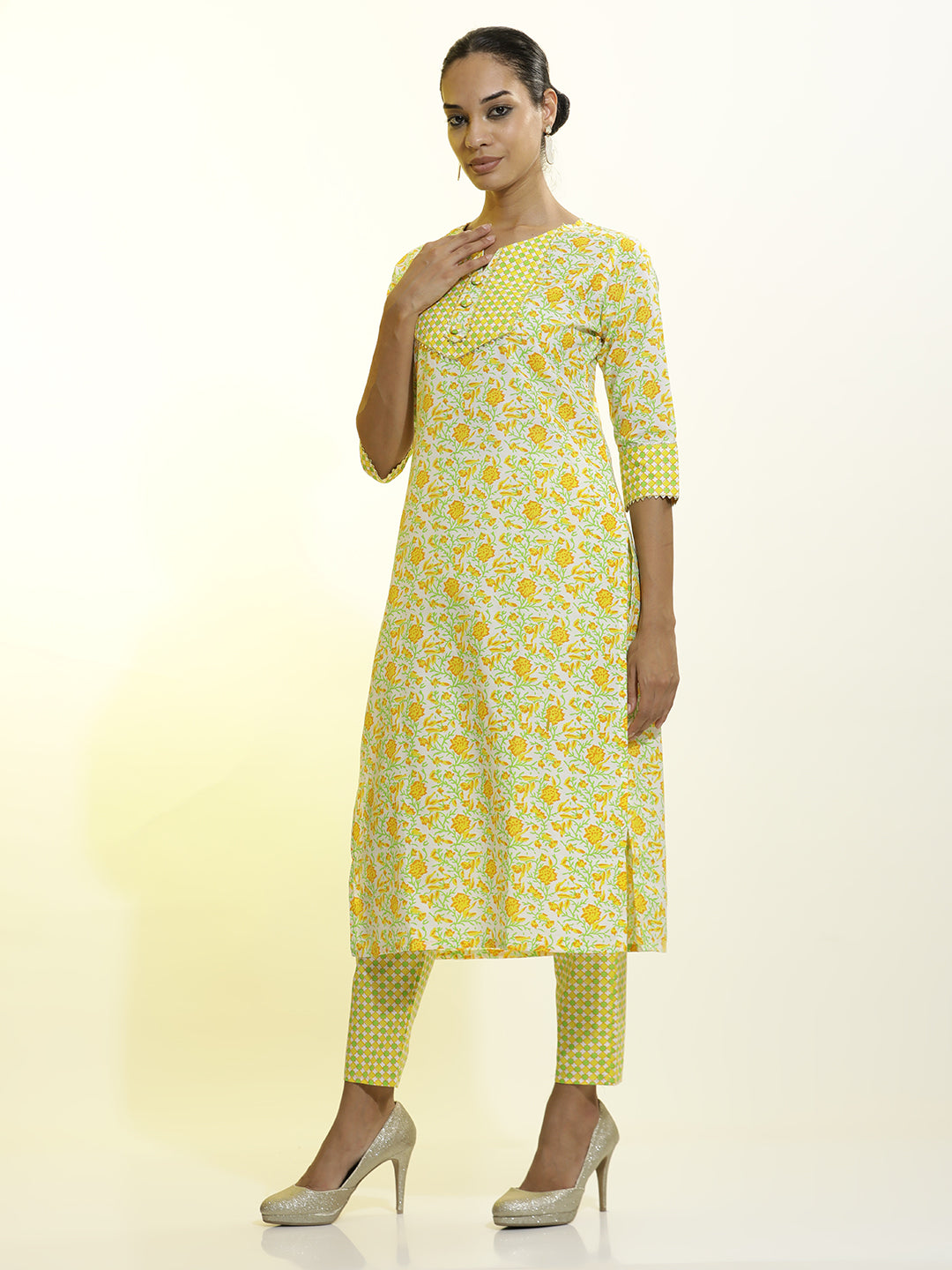 Floral Printed Cotton Blend Yellow Kurta Set