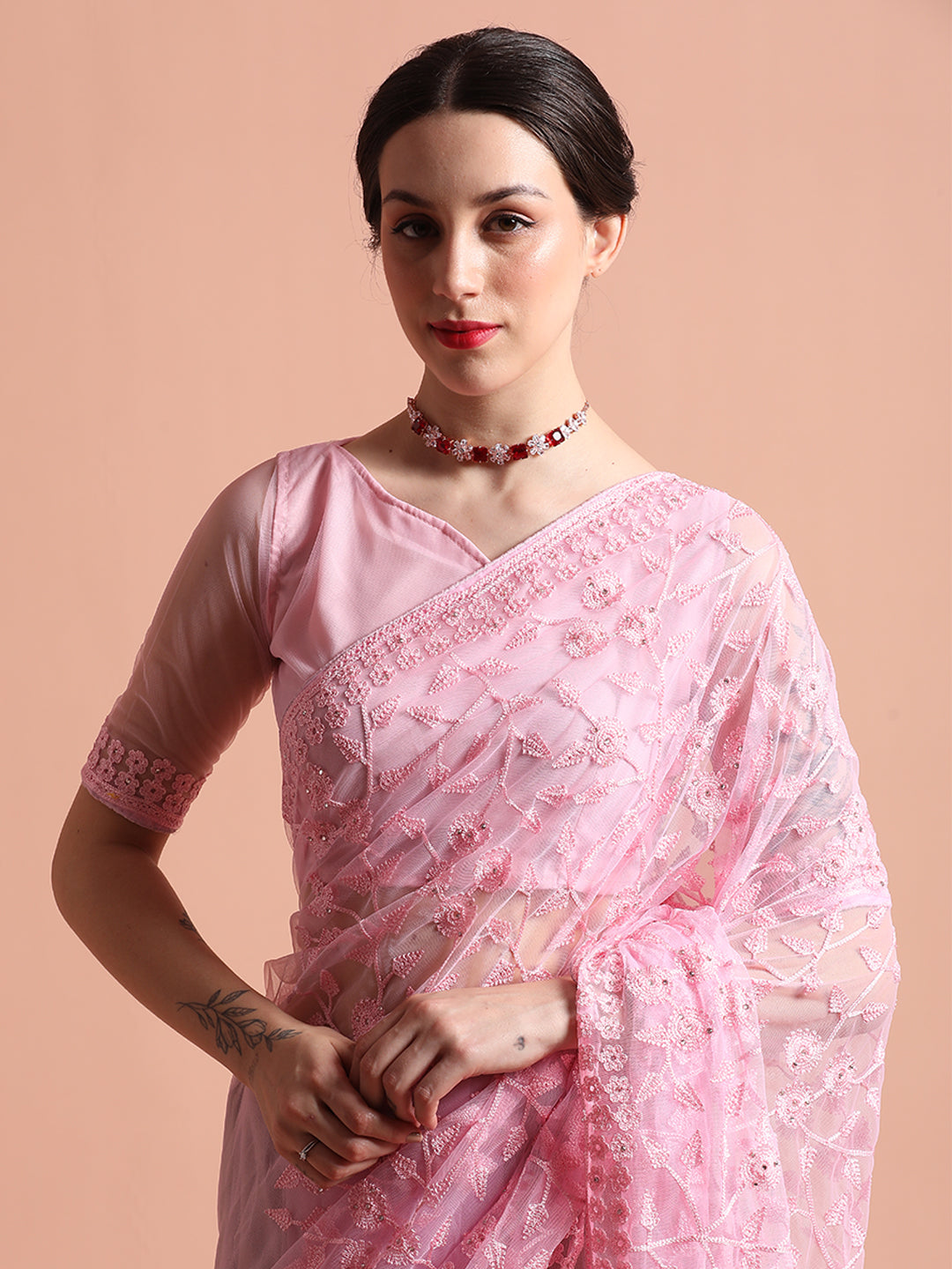 Party Wear Floral Embroidered Net Pink Saree