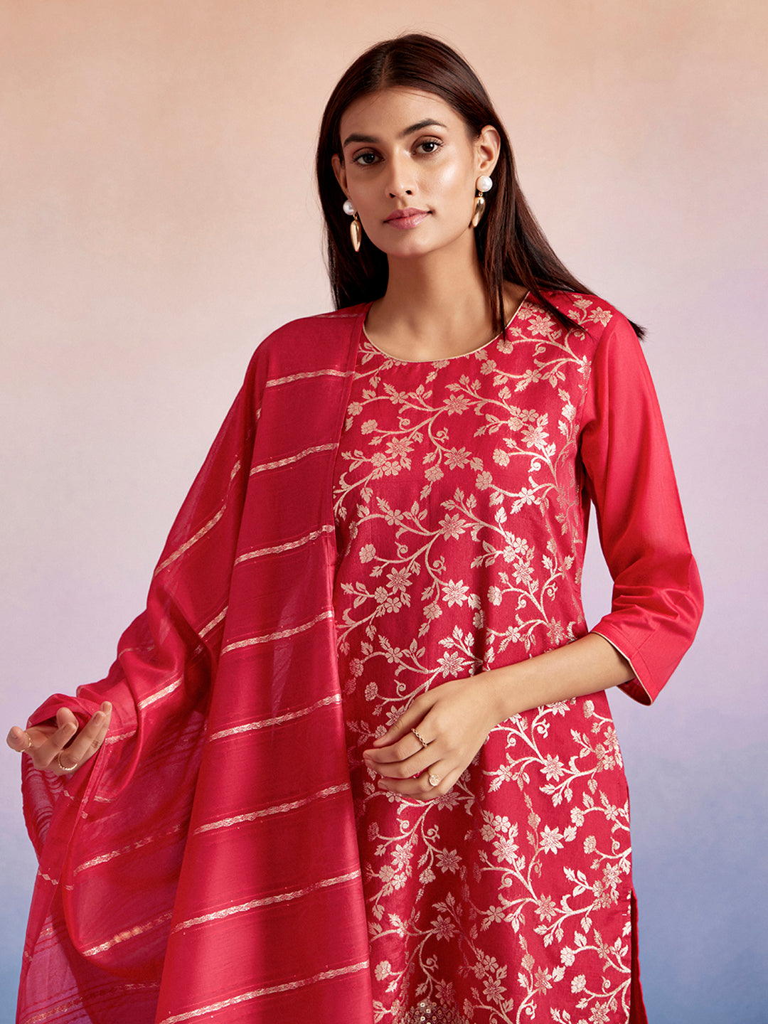 Zari Embroidered Festive Kurta Set With Dupatta