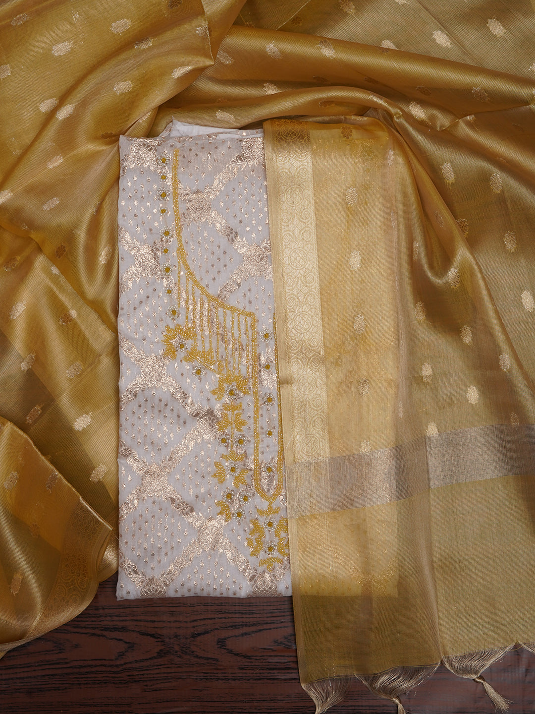 White Zari Woven Cotton Blend Dress Material with Dupatta