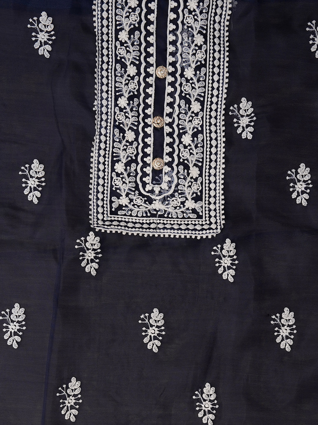 Unstitched Blue Embroidered Organza Dress Material With Dupatta