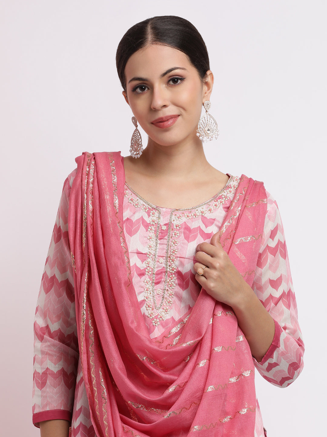 Pink Embroidered Cotton Blend Kurta Set With Dupatta