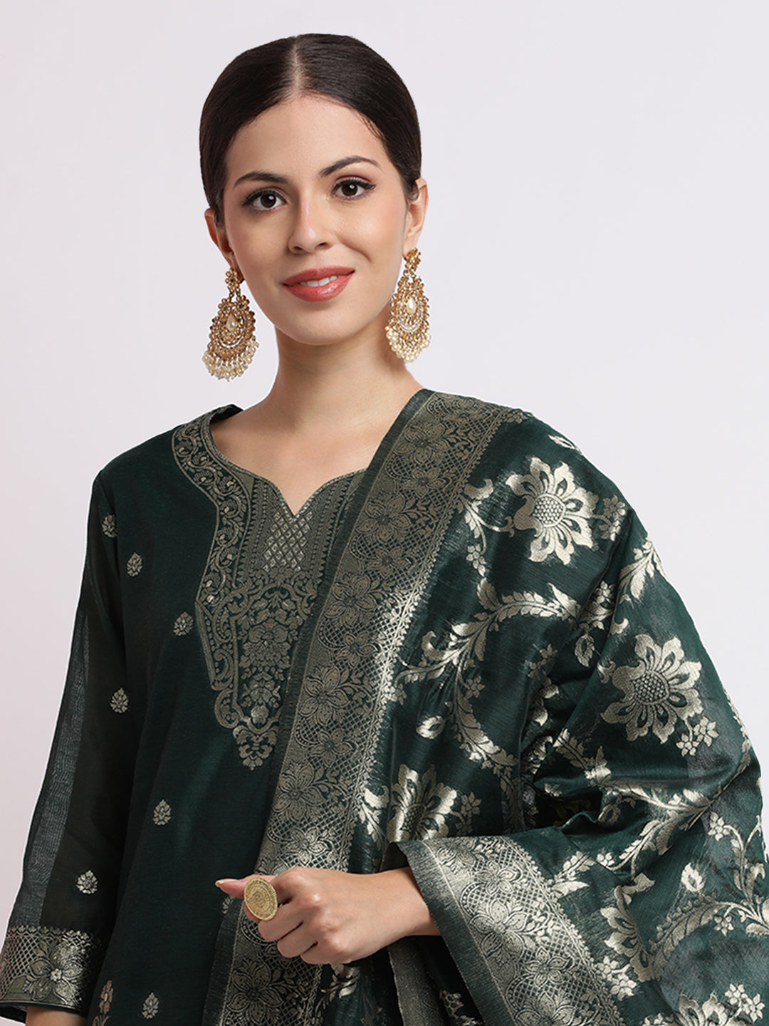 Green Woven Design Jacquard Kurta Set With Dupatta