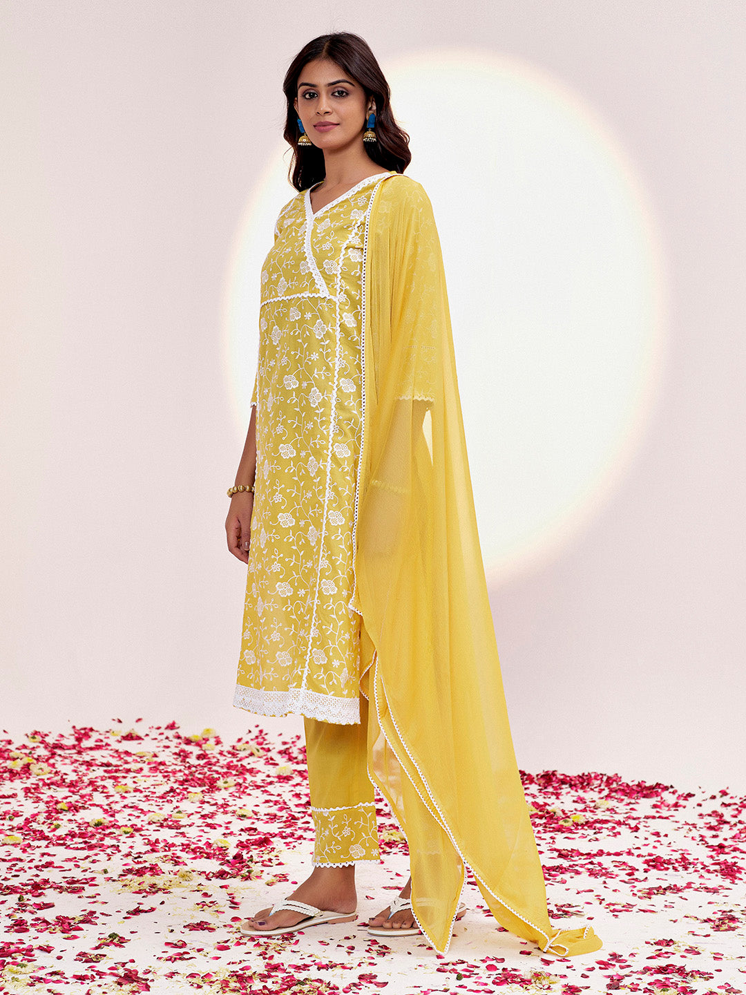 Yellow Pure Cotton Festive Chikankari Kurta Set With Dupatta