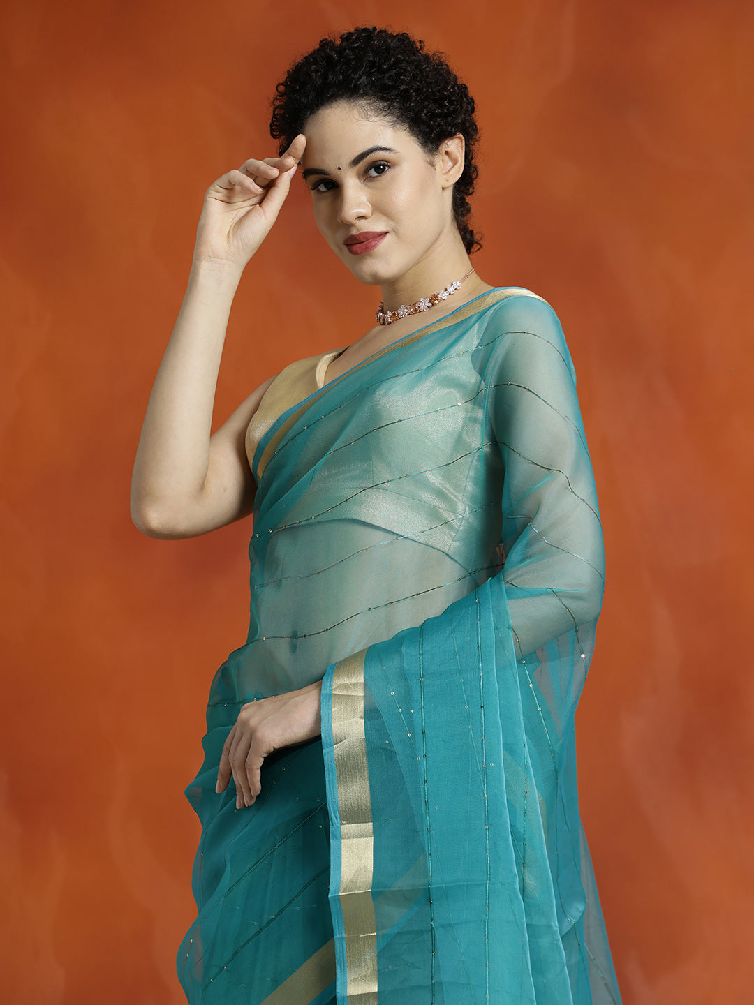 Teal Sequin Embellished Banarasi Organza Saree