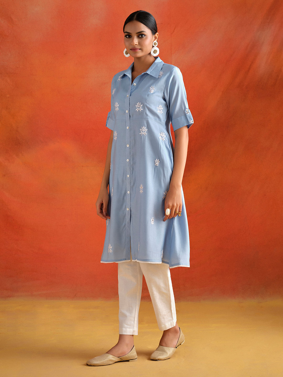 Blue Mirror Work Viscose Chanderi A-line Kurta