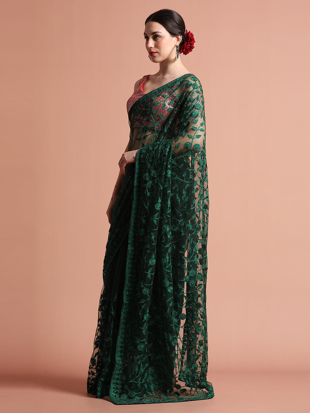 Green Party Wear Floral Embroidered Net Saree