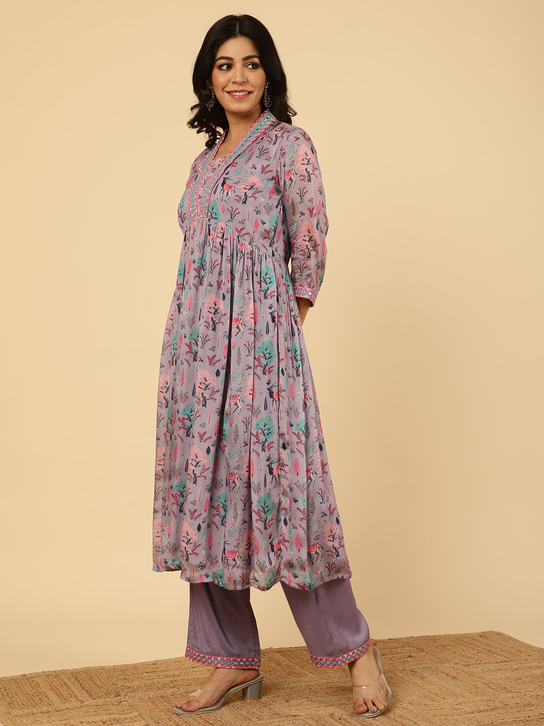 Lavender Mirror Embroidered Festive Kurta Set