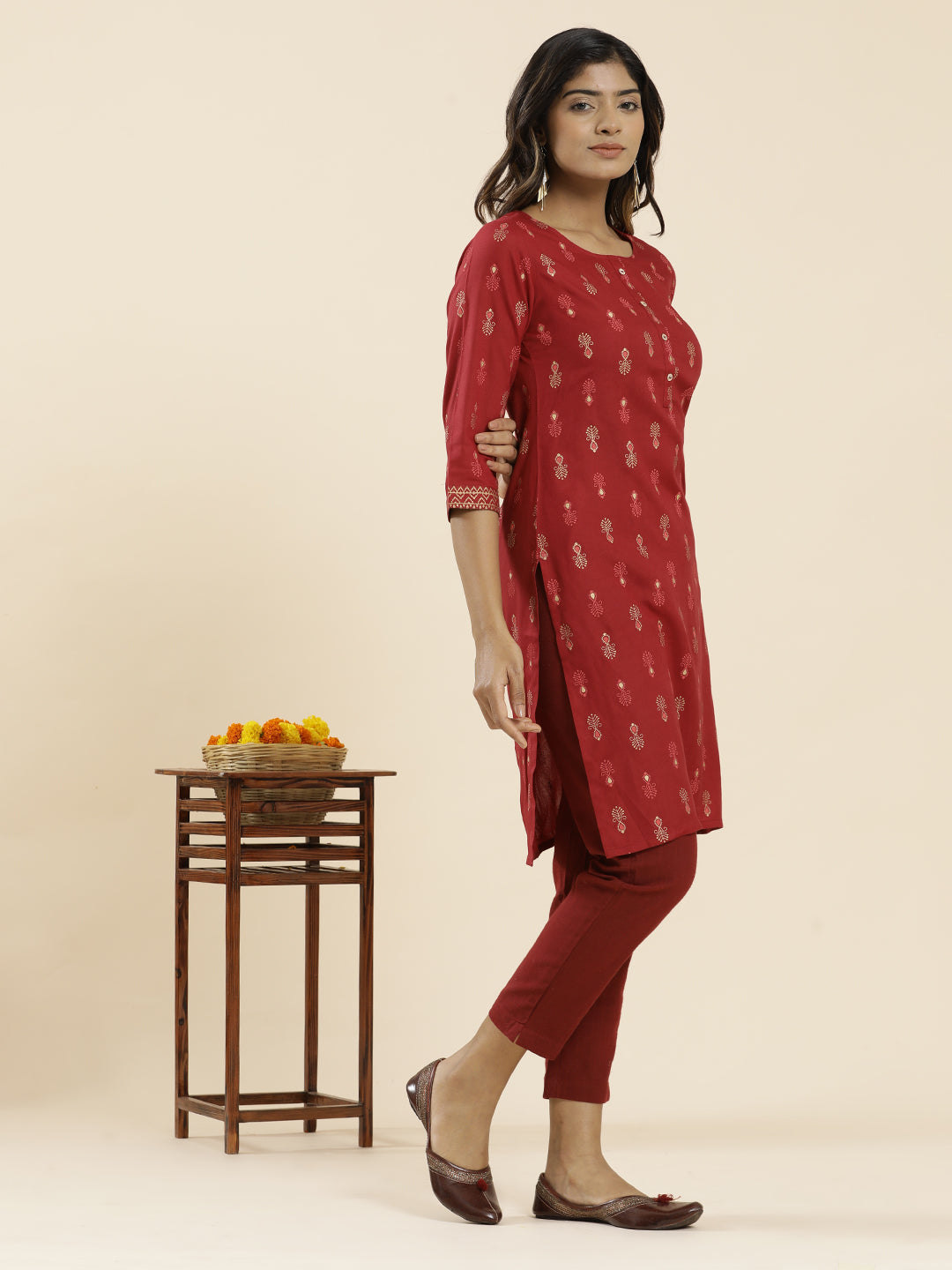 Rust Ethnic Motif Printed Straight Kurta