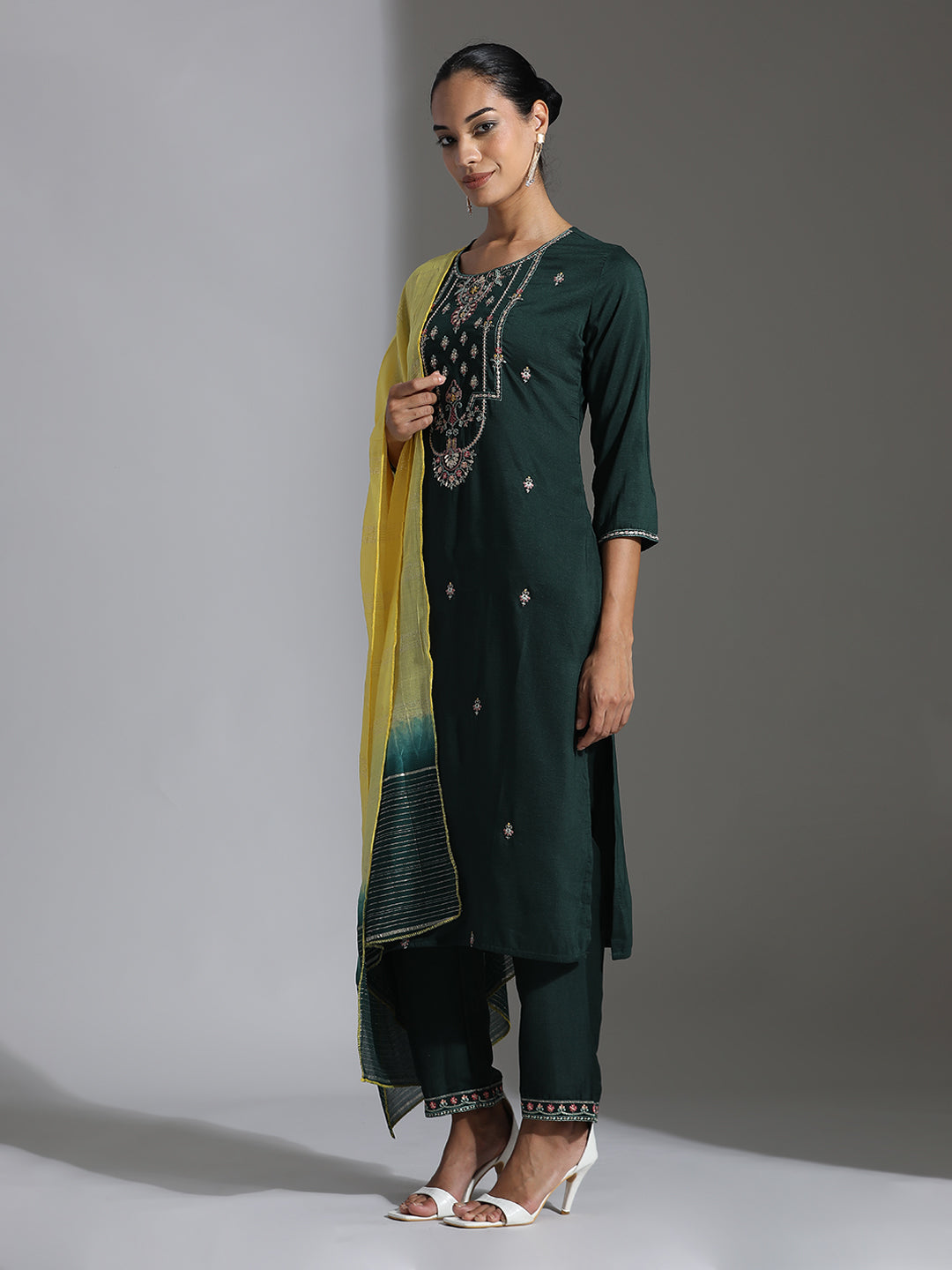 Green Embroidered Chinon Kurta Set With Dupatta