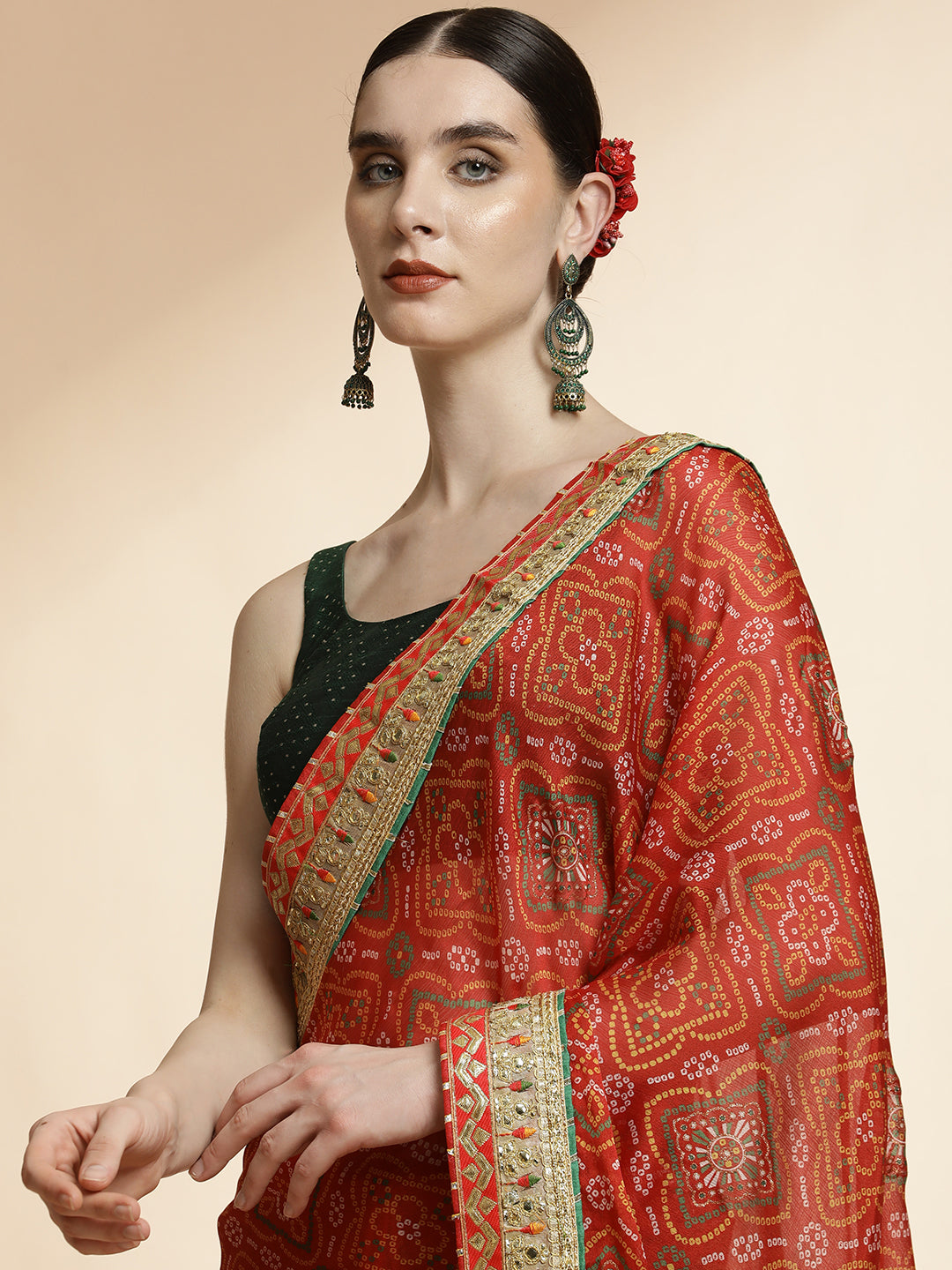 Red Traditional Embroidered Bandhani Pure Georgette Saree