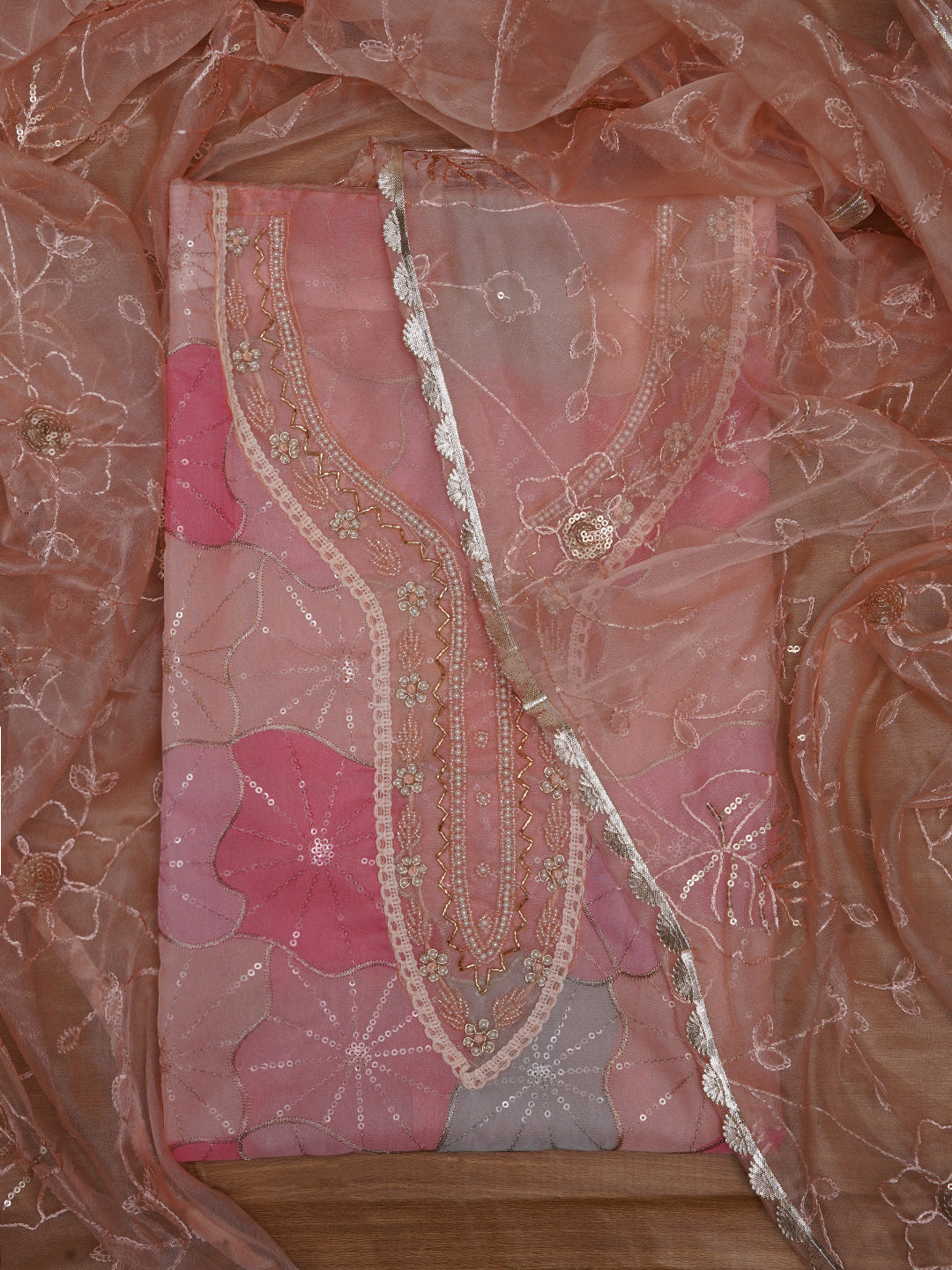 Multi Floral Sequin Embroidered Organza Dress Material with Dupatta