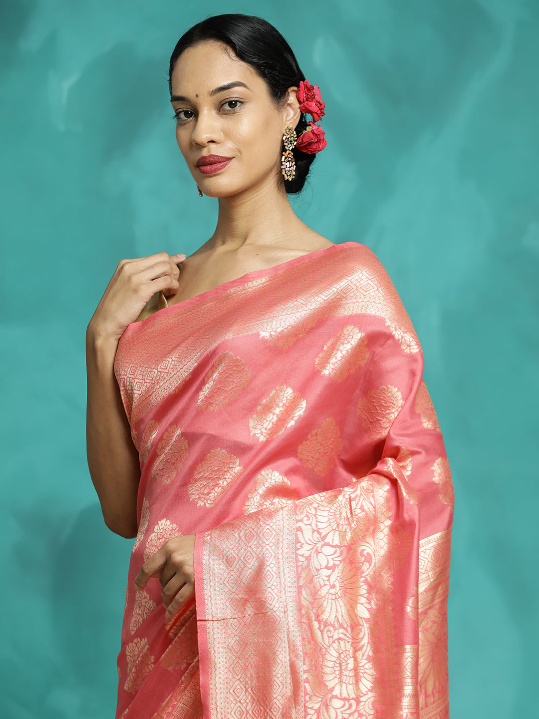 Peach Zari Woven Design Banarasi Saree