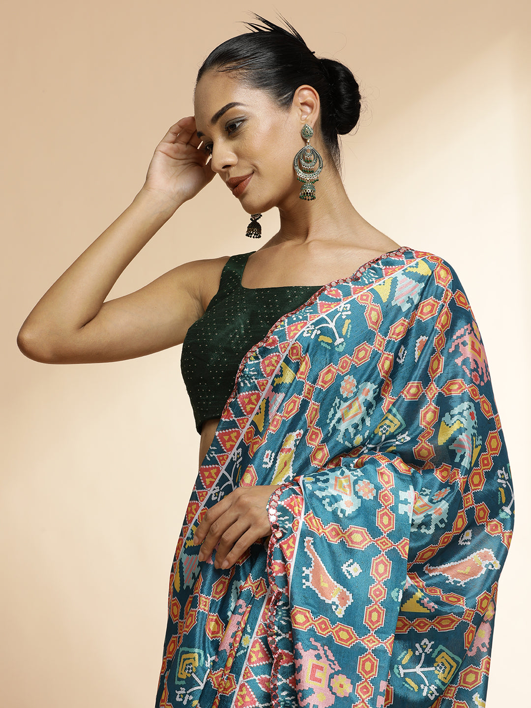 Printed Multicolor Mirror Work Satin Saree