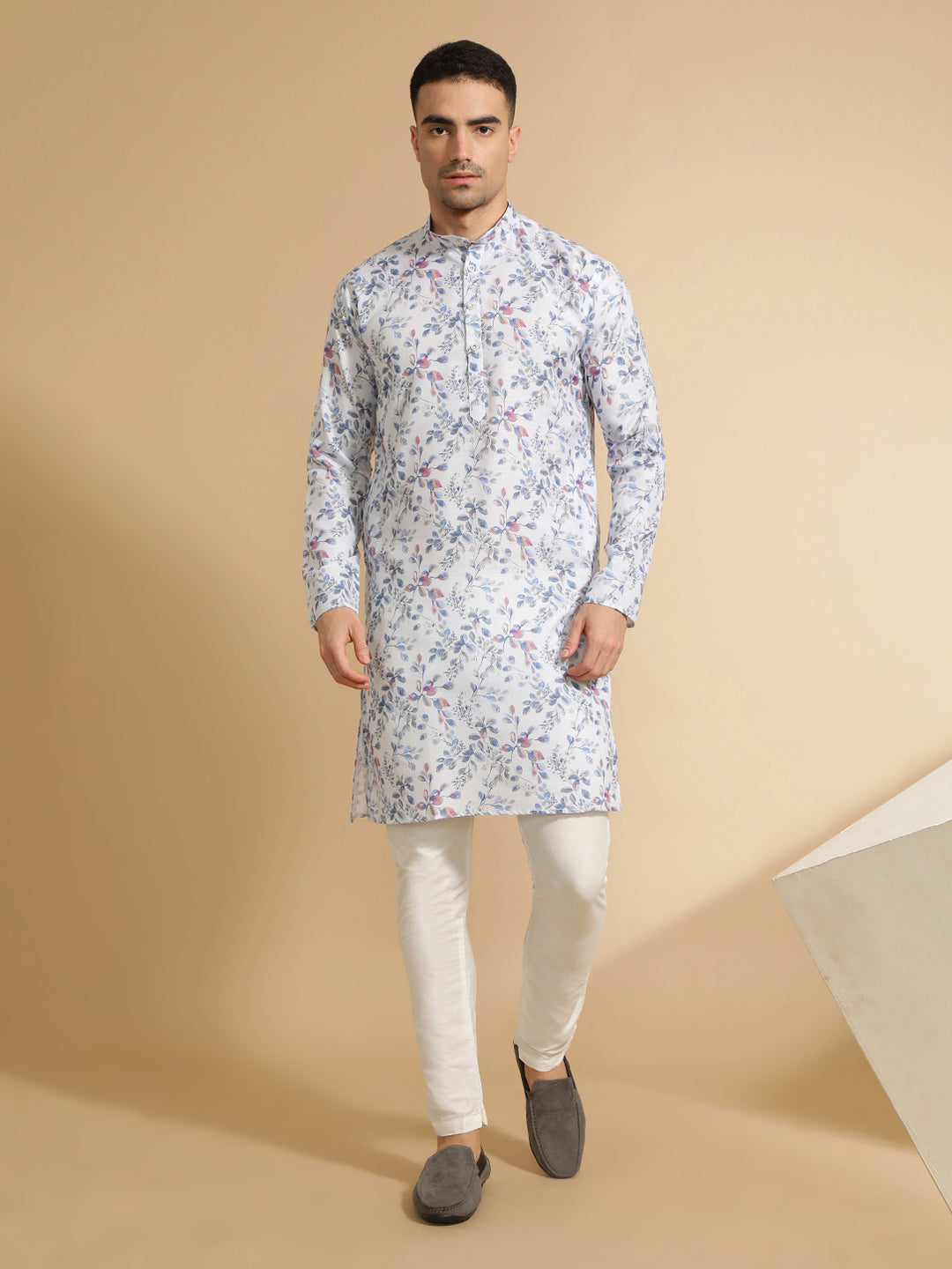 Floral Printed Off White & Blue Cotton Kurta for Men