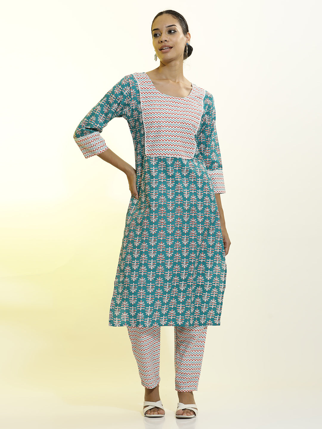 Teal Cotton Printed Straight Kurta Set