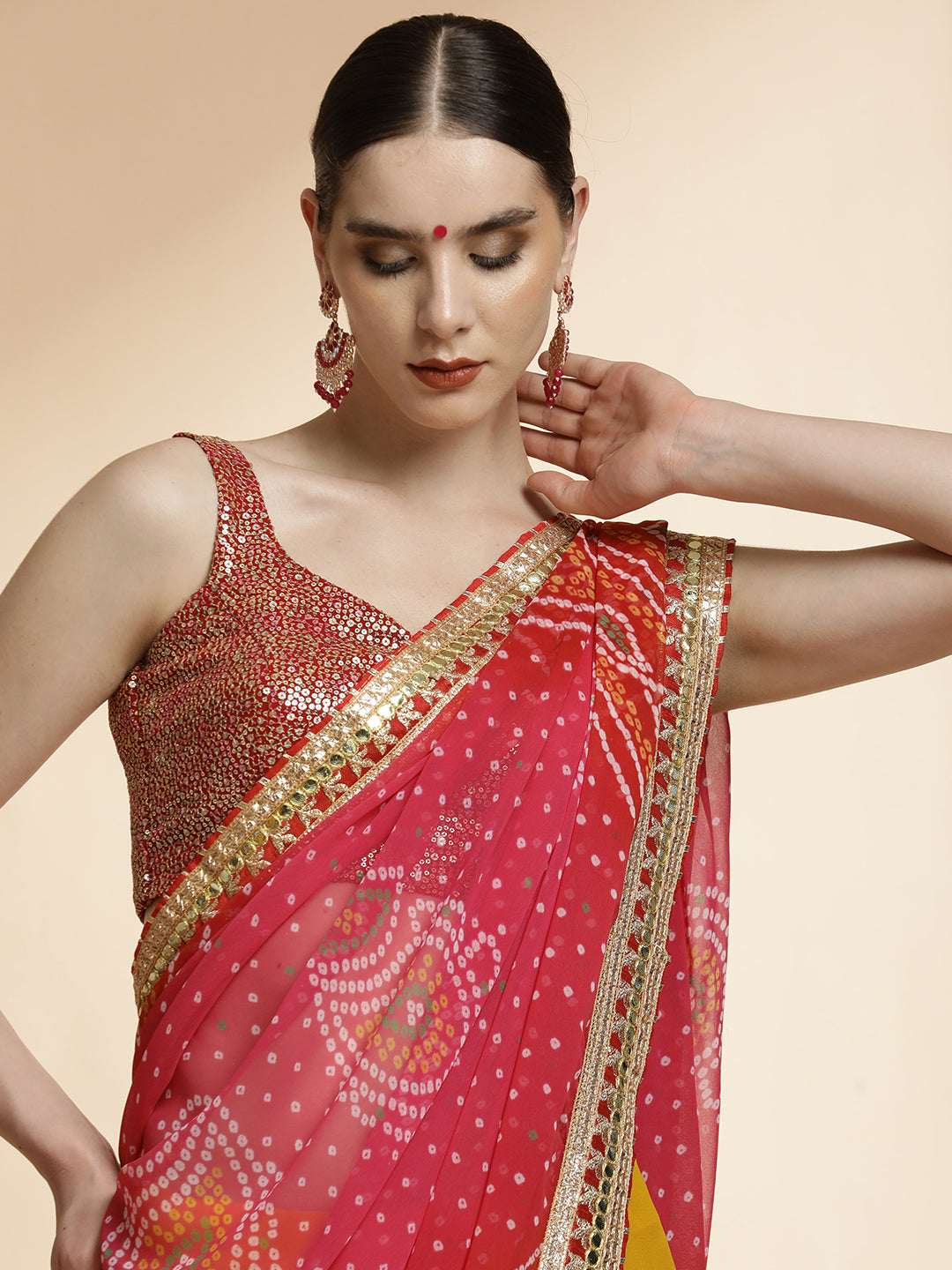 Pink Heavy Bandhani Embroidered Pure Georgette Saree