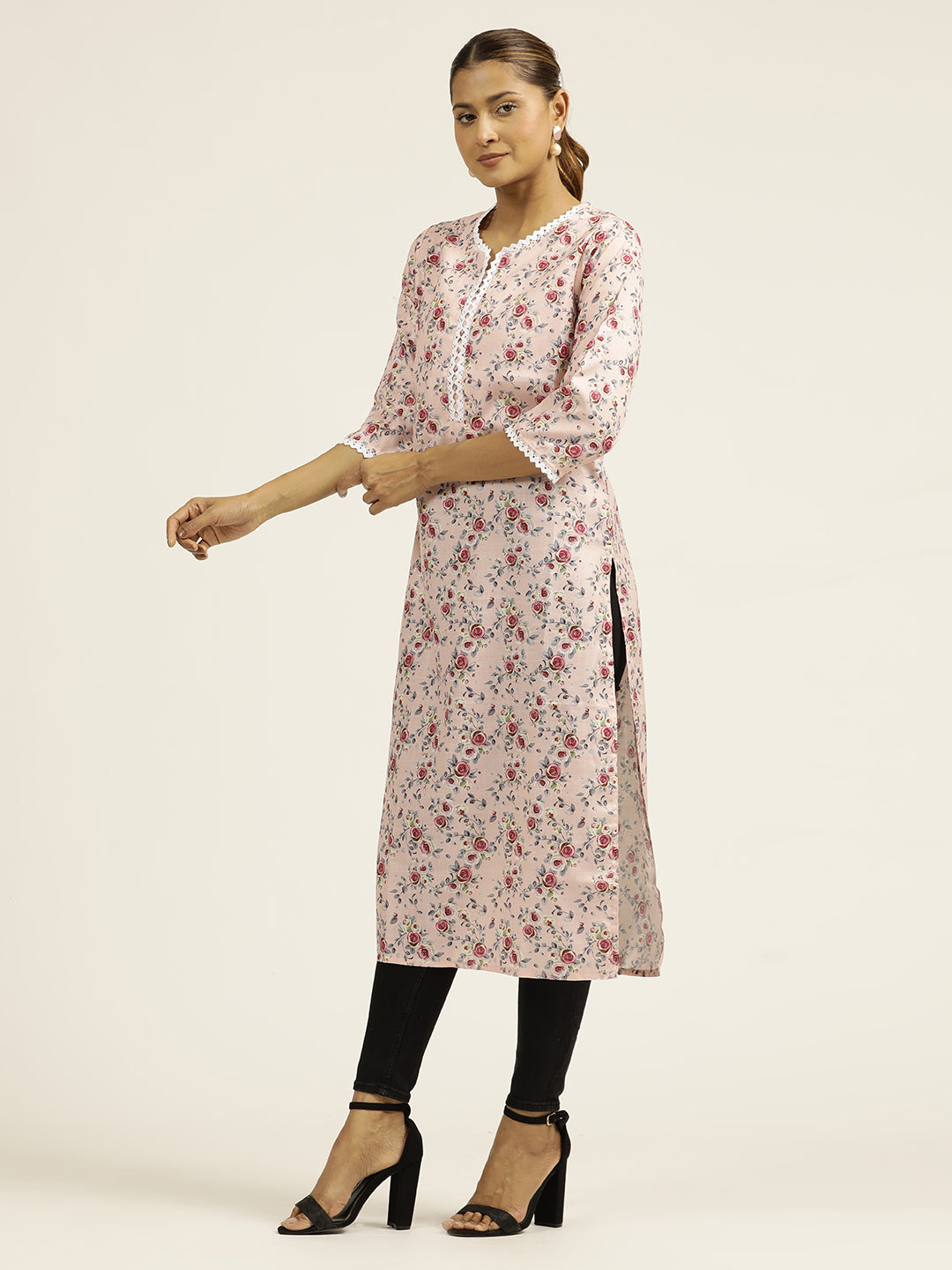 Light Pink Floral Printed Straight Kurta