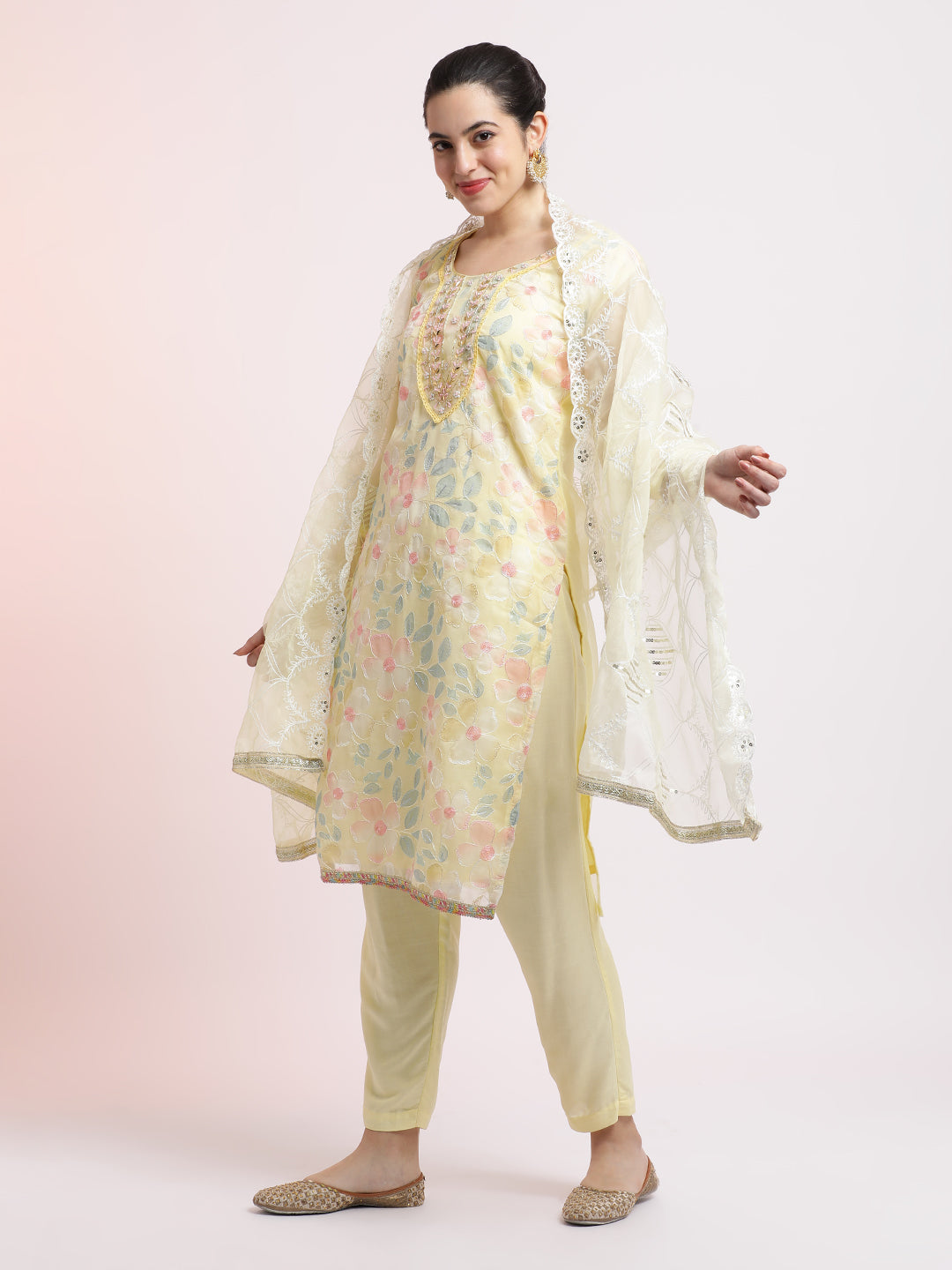 Yellow Floral Embellished Organza Festive Kurta Set With Dupatta