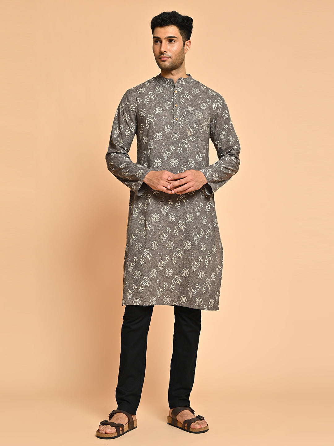 Brown Ethnic Block Printed Cotton Kurta