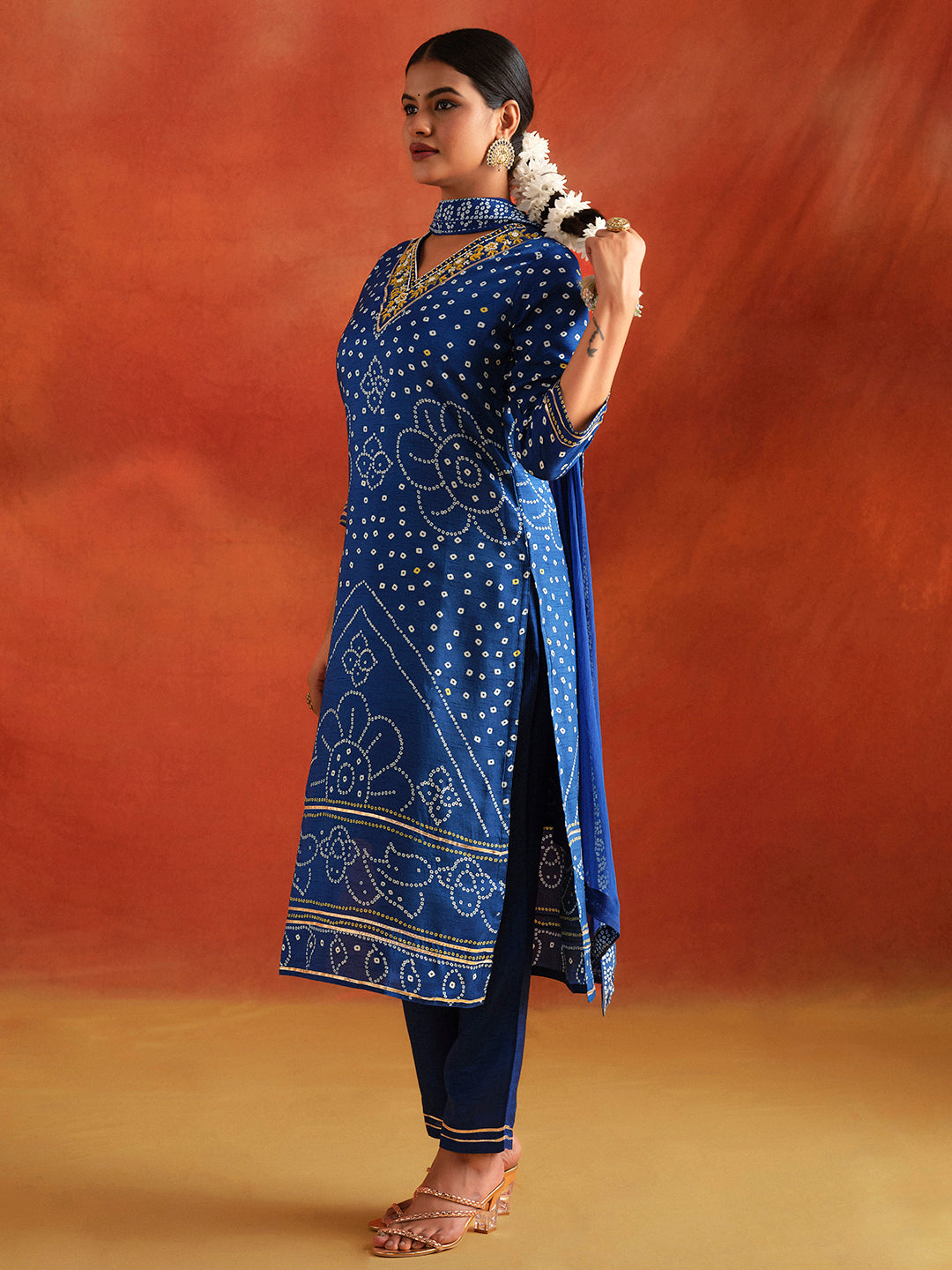 Blue Bandhani Printed Festive Kurta Set With Dupatta