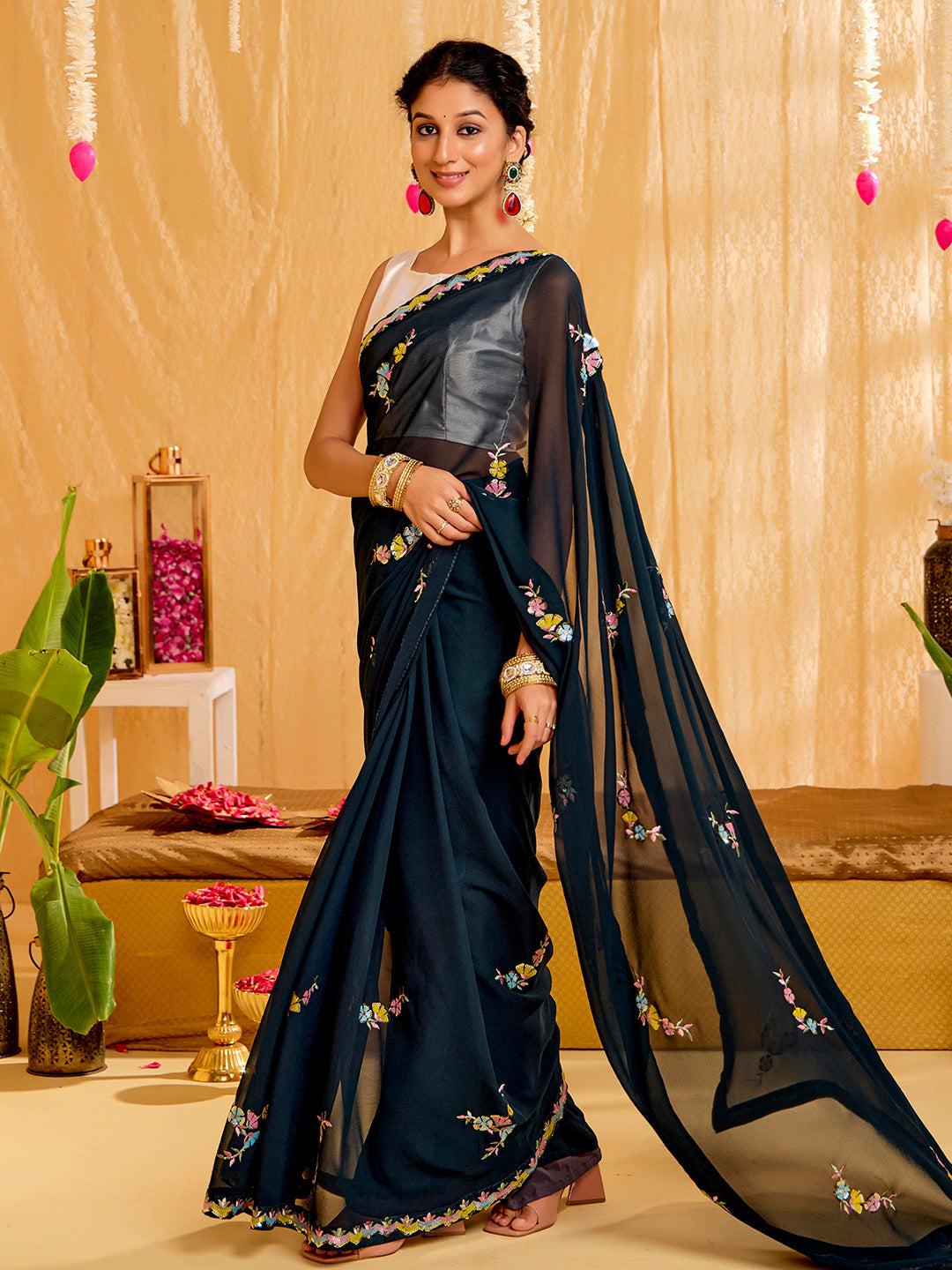 Teal Pure Georgette Sequin Work Party Wear Saree