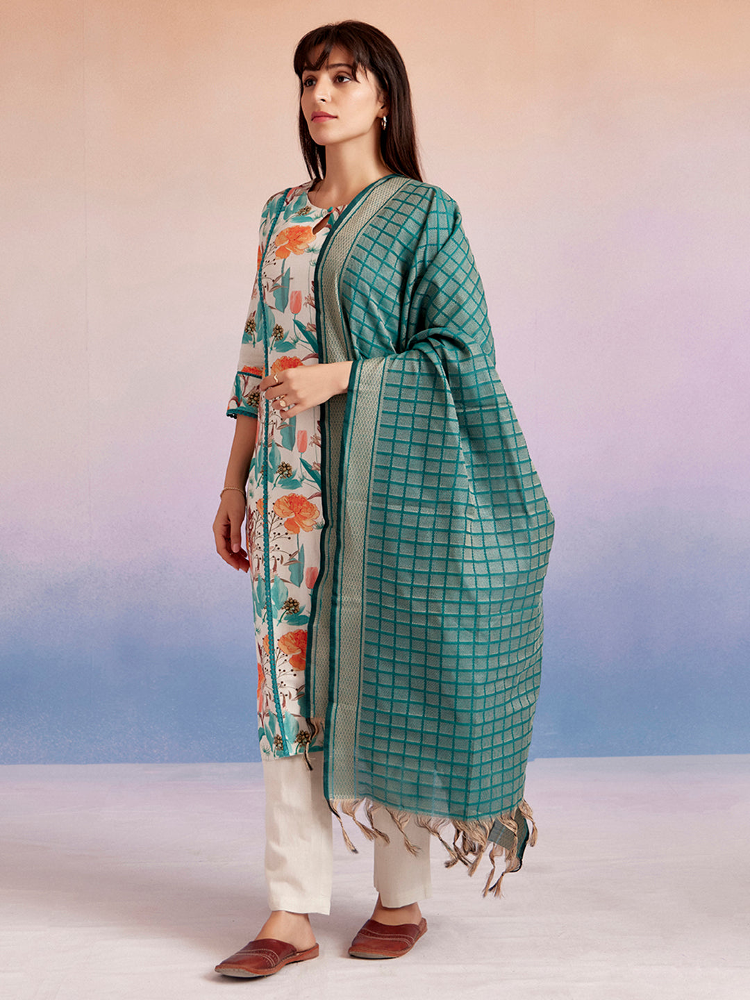 Turquoise Floral Cotton Straight Kurta Set With Dupatta