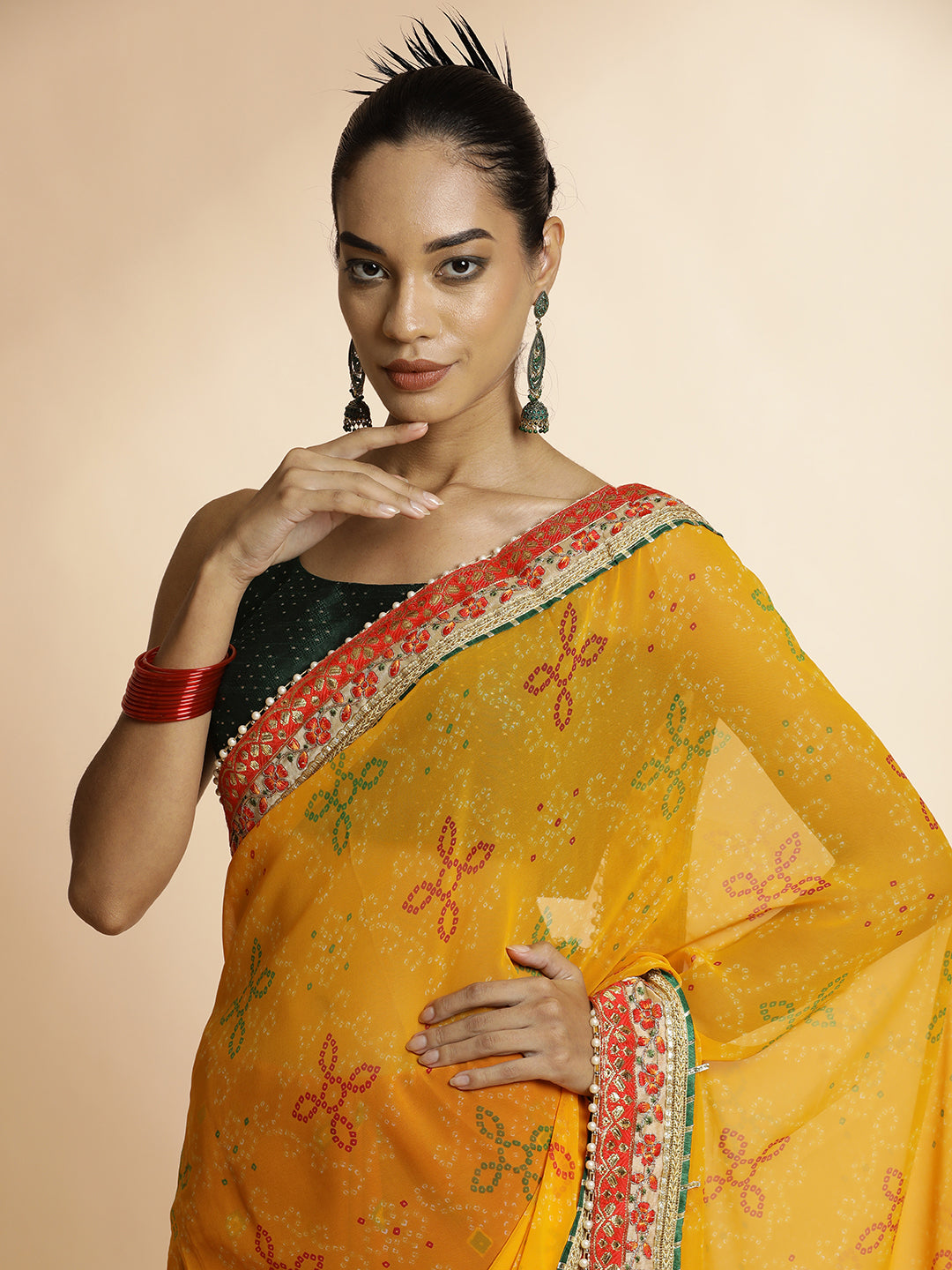 Yellow Festive Bandhani Embroidered Pure Georgette Saree