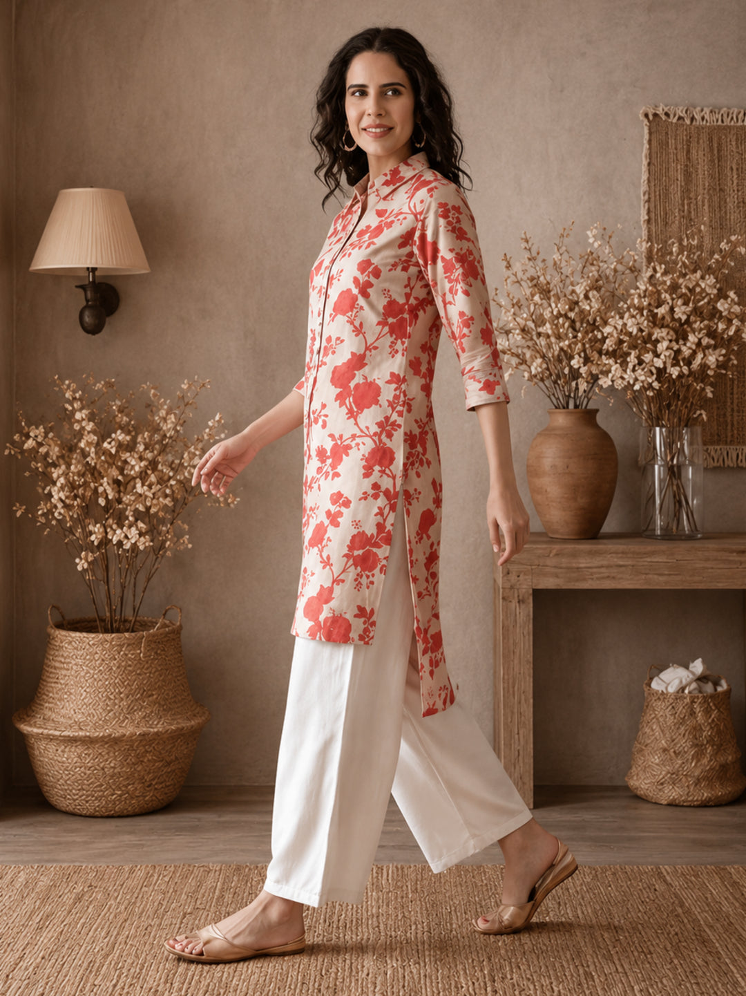 Floral Beige Collared Kurta