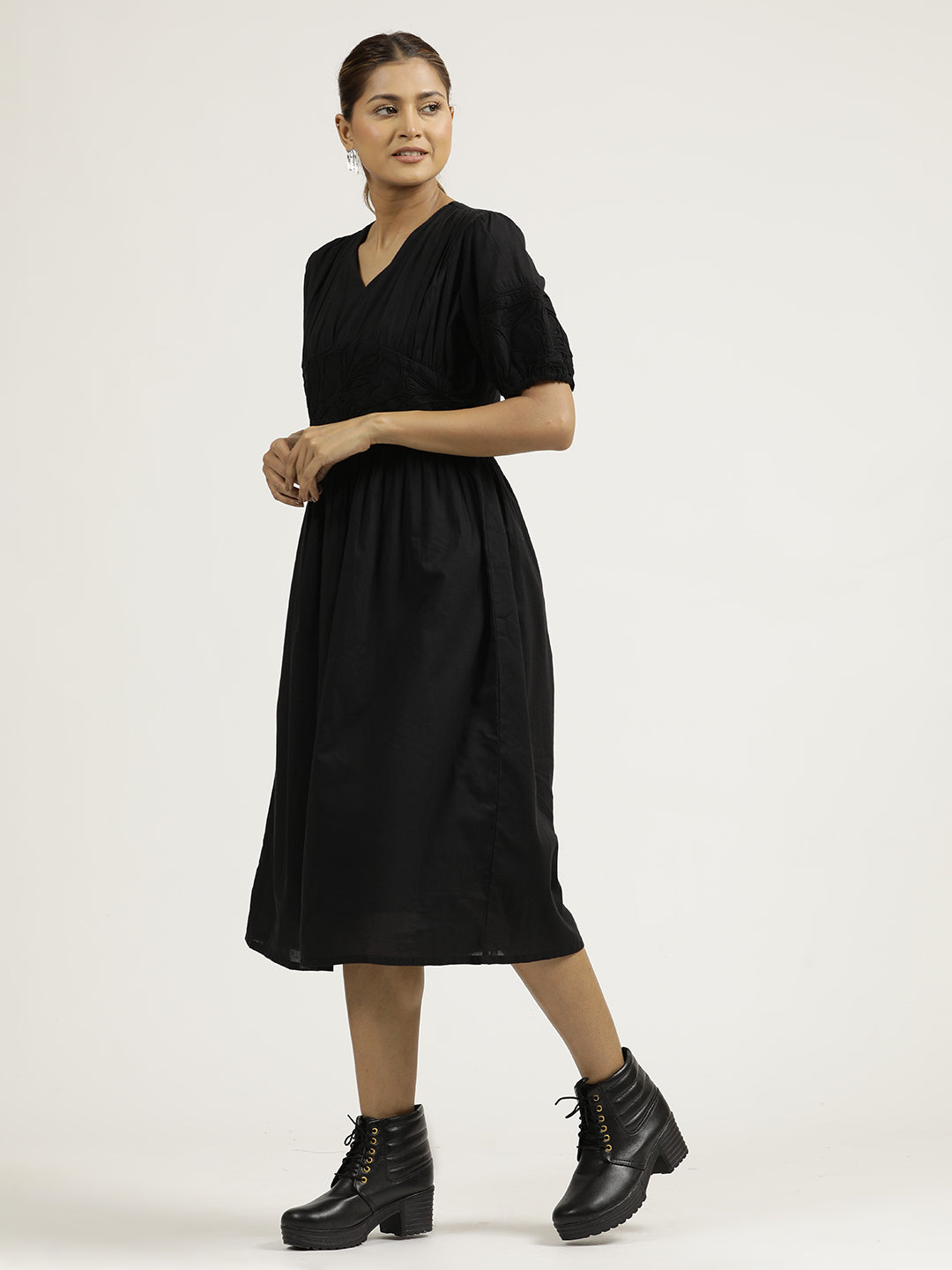 Black Dori Embroidered Gathered Cotton Dress