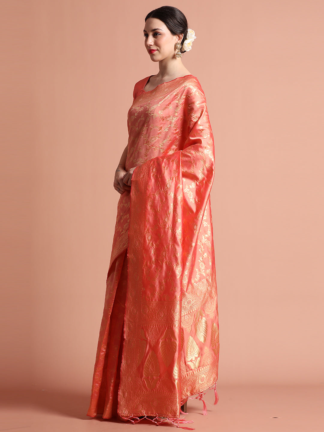 Rose Gold Silk Banarasi Zari Woven Heavy Saree