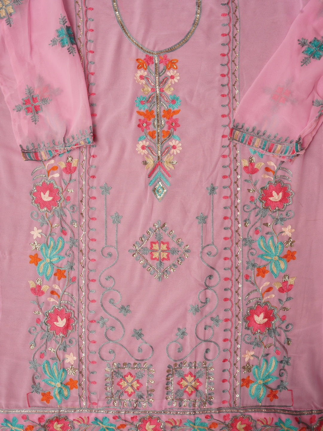 Pink Sequin Embroidered Silk Georgette Dress Material with Dupatta