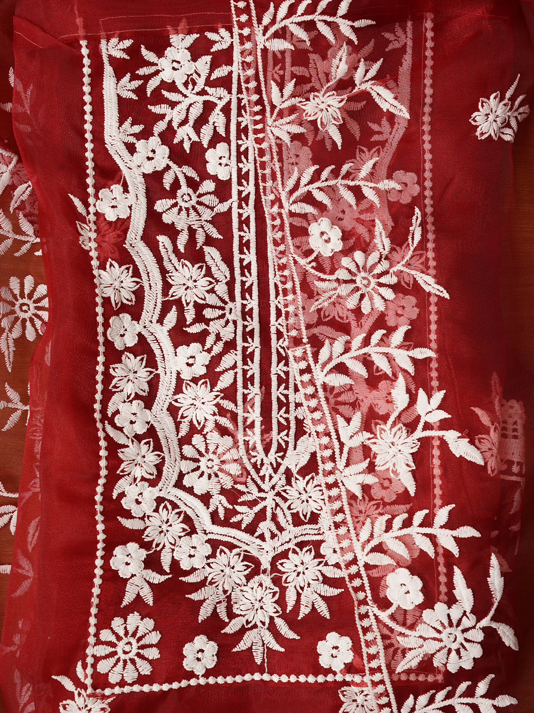 Red Thread Embroidered Organza Festive Dress Material with Dupatta