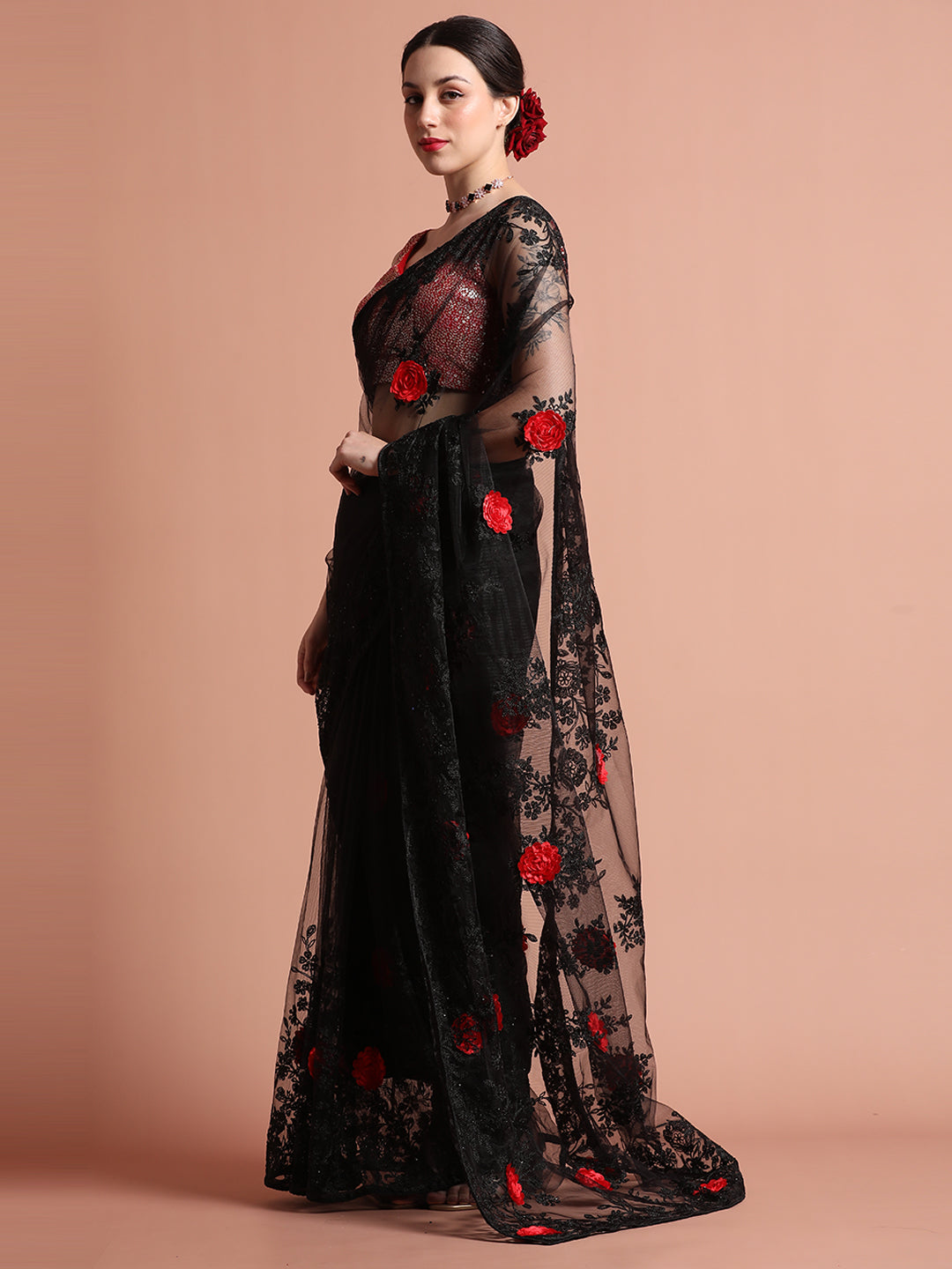 Party Wear Floral Black Embroidered Net Saree