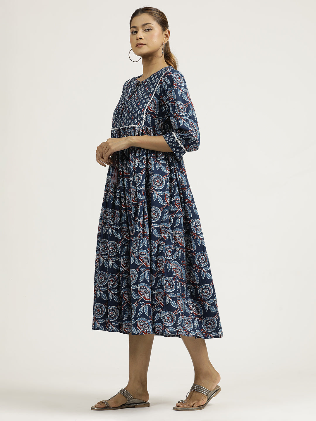 Indigo Blue Ethnic Mirror Work Gathered Dress