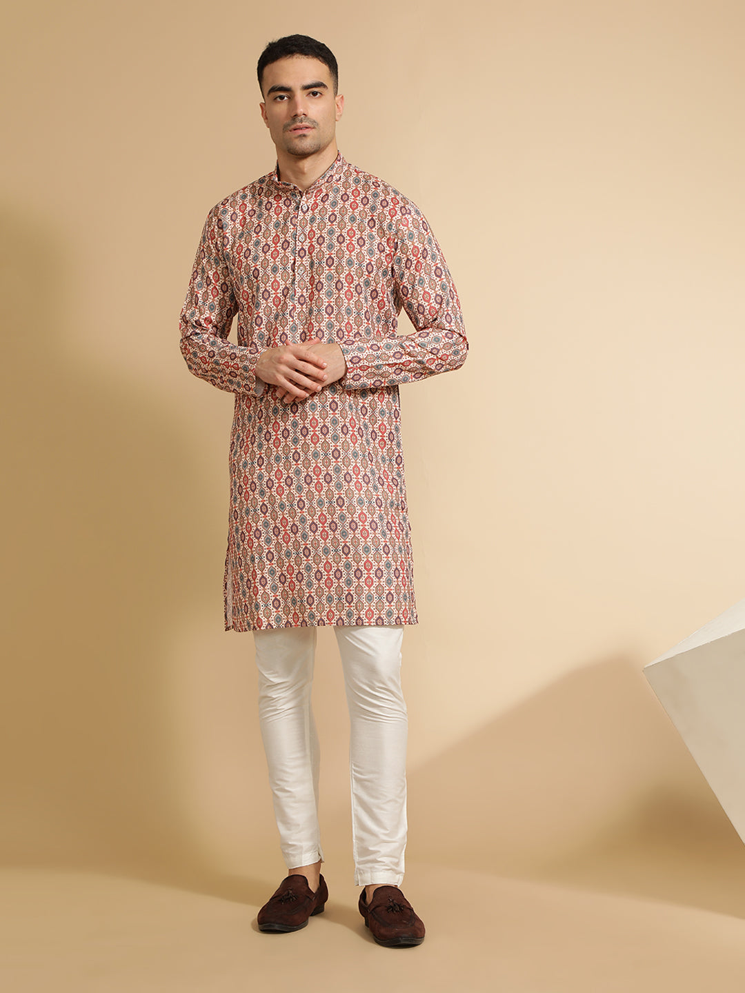 Beige Geometric Printed Cotton Kurta for Men