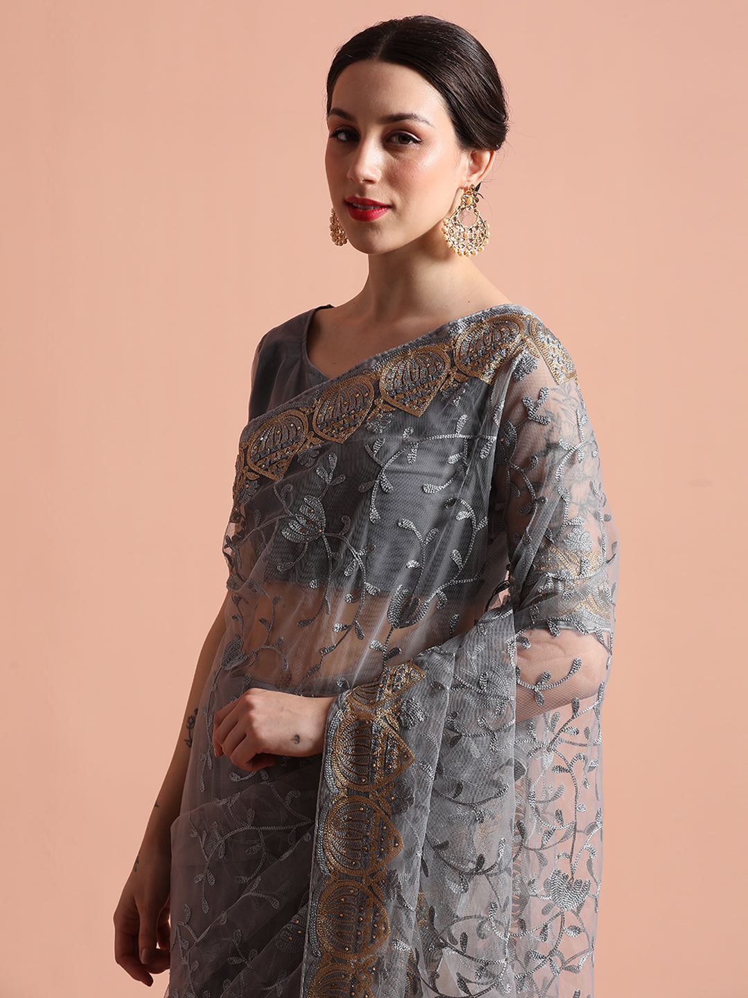 Grey Floral Embroidered Net Party Wear Saree