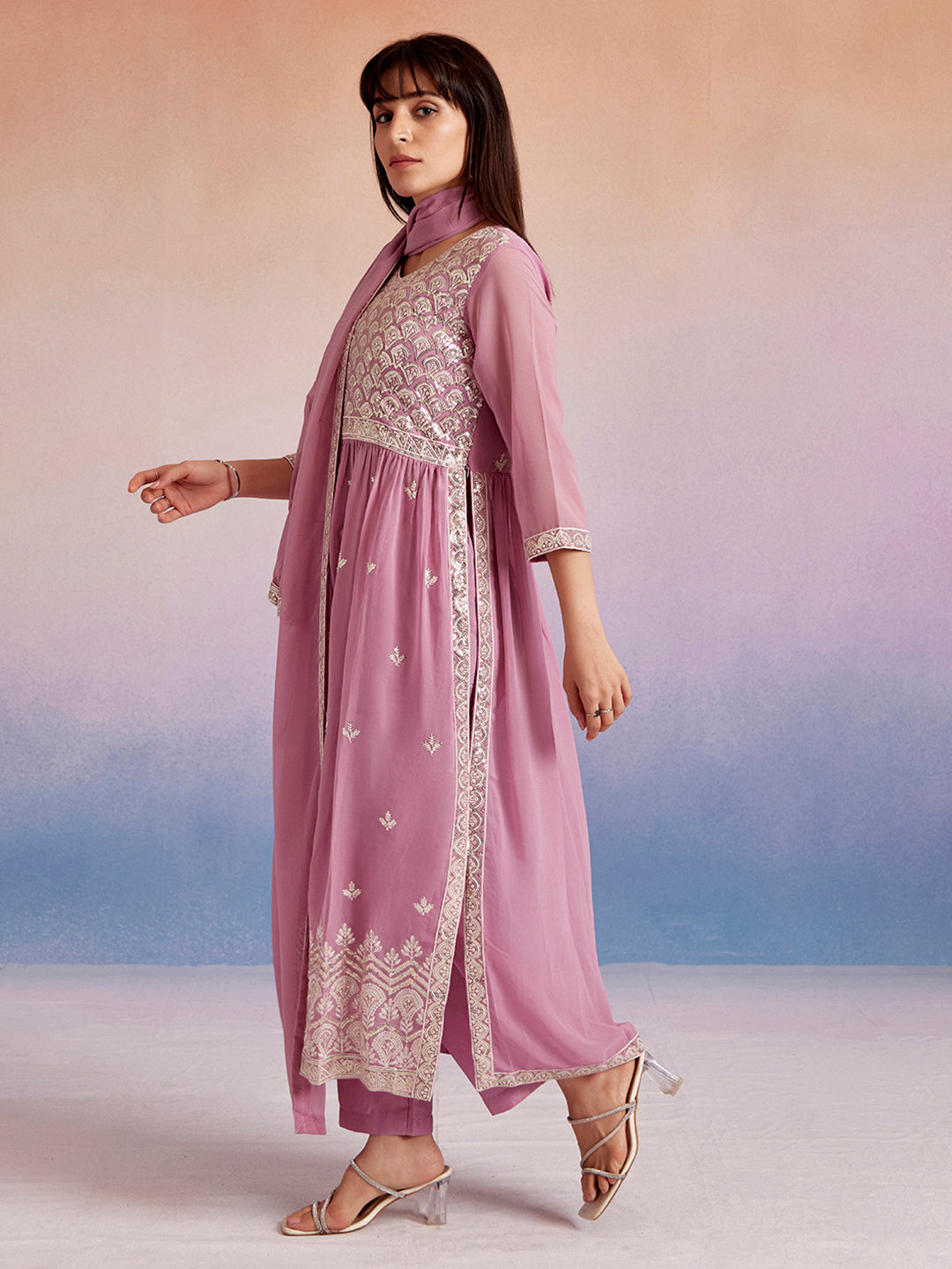 Festive Embroidered Naira Cut Kurta Set With Dupatta