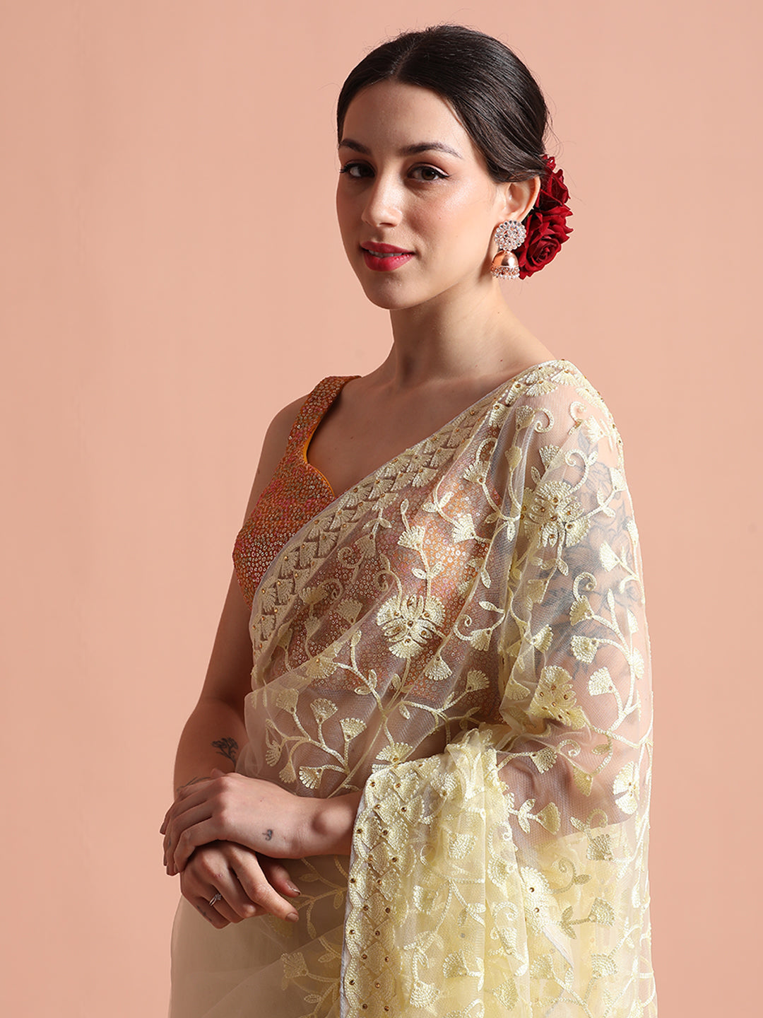 Party Wear Floral Cream Embroidered Net Saree